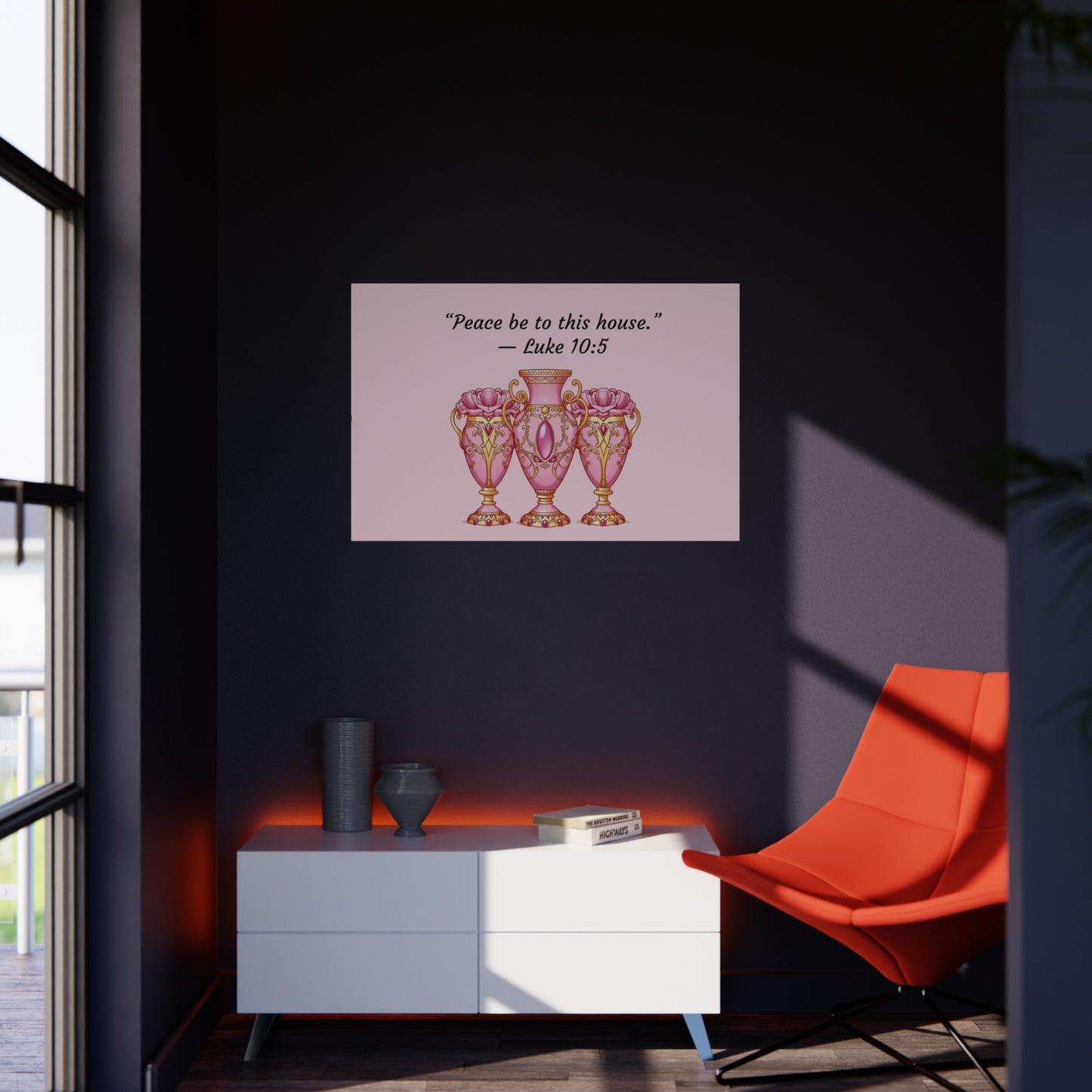 Elegant Pink Vase Wall Art Print, Home Decor, Inspirational Quote Art, Gift Idea for Housewarming, Religious Decor, Luke 10:5