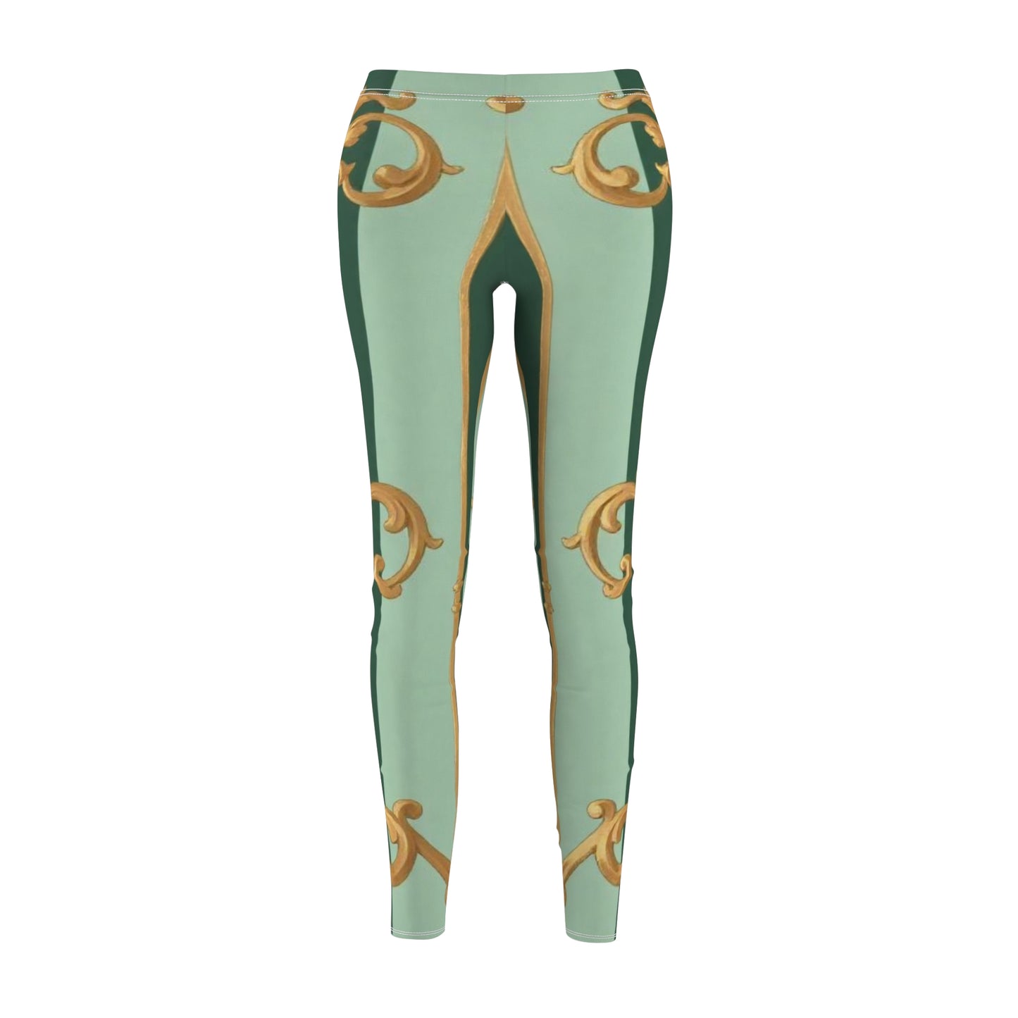 Elegant Floral Print Leggings for Women's Casual Wear, Stylish Activewear for Yoga, Fitness - Mint Green & Teal Striped Gold Baroque