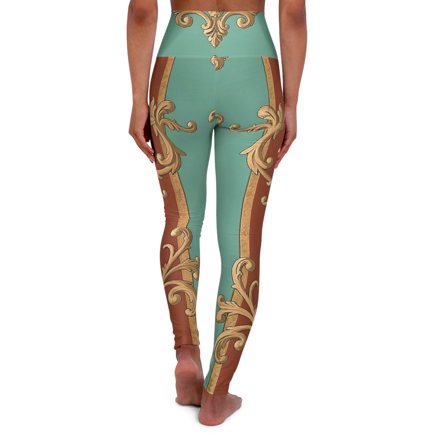 Elegant High Waisted Yoga Leggings with Baroque Design - Perfect for Fitness & Fashion - Rust & Mint Aqua Striped Baroque