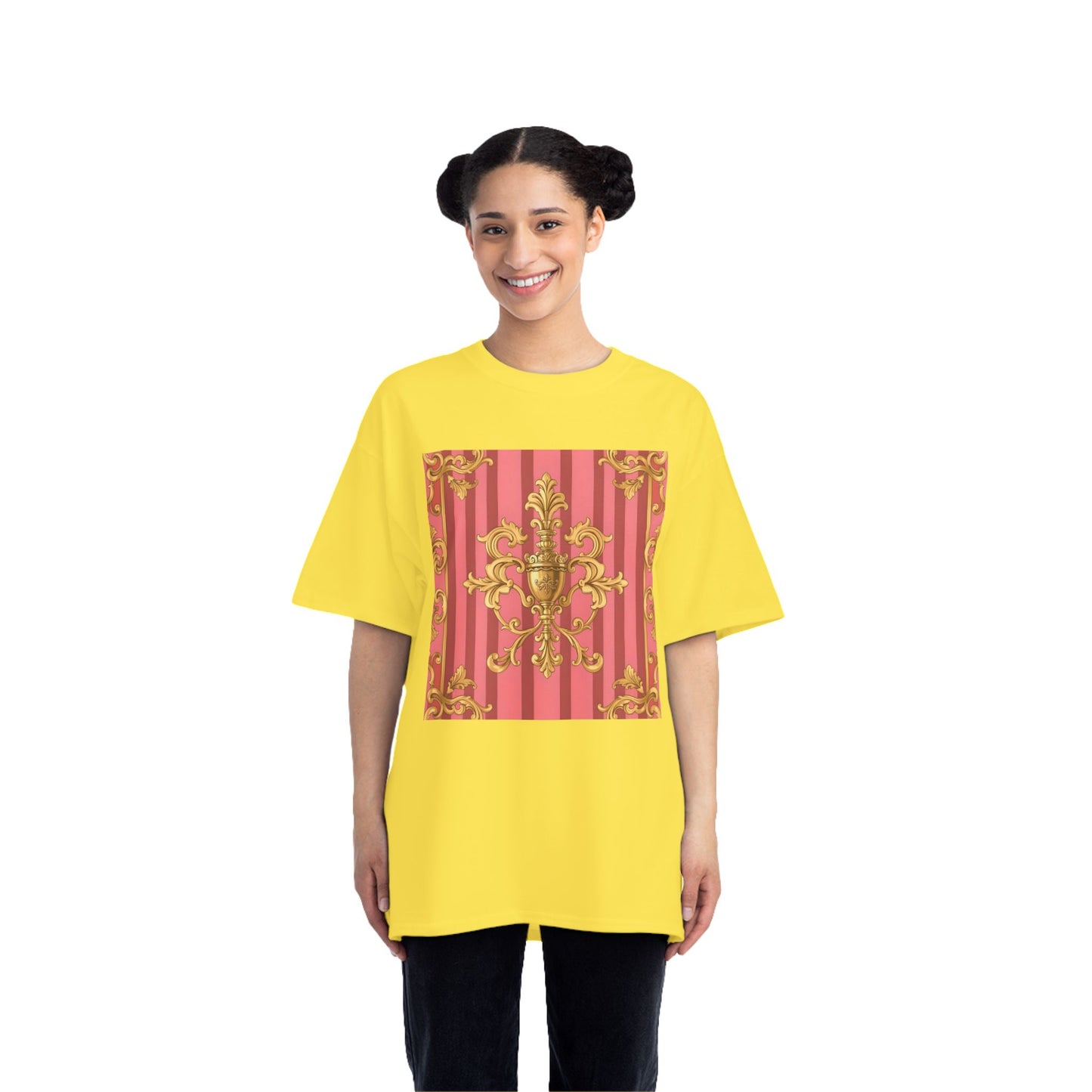 Chic Vintage Style Short-Sleeve T-Shirt - Elegant Baroque Design | Fashion Top, Gift for Her, Casual Wear - Pink Striped Gold Baroque