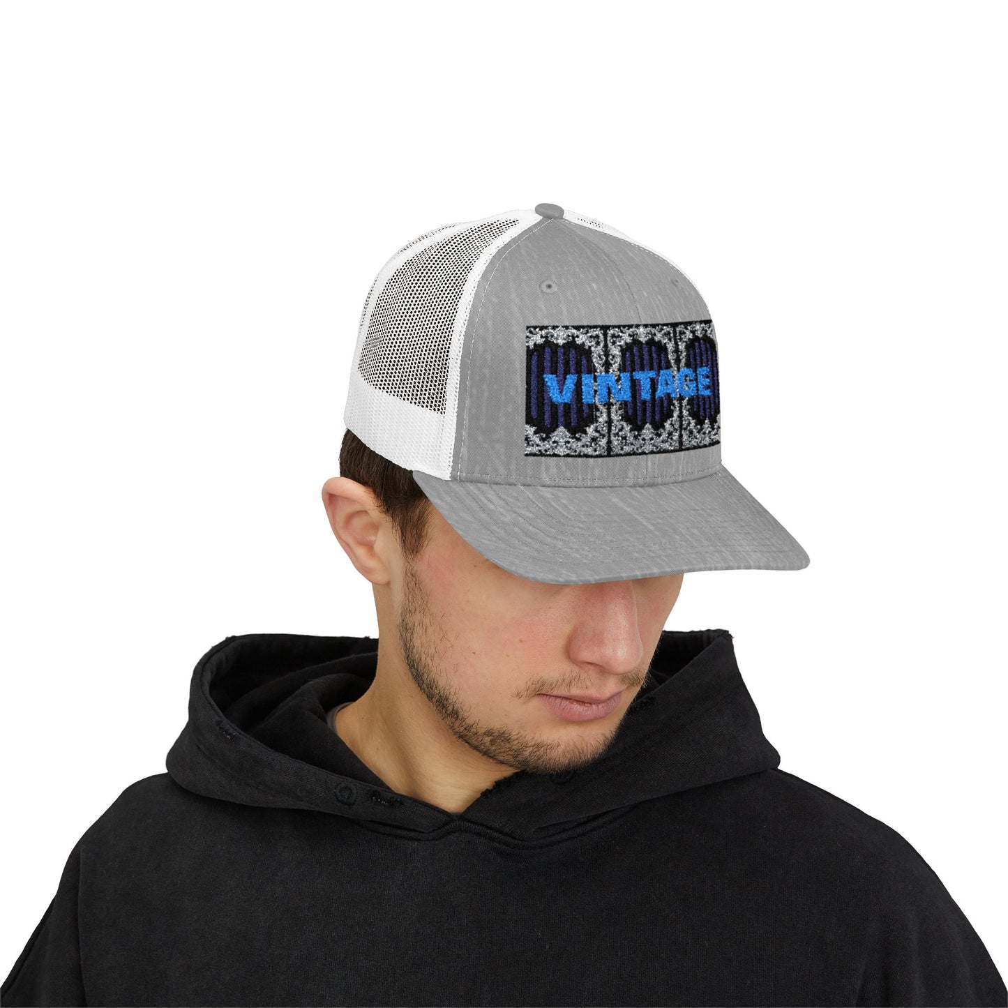 Vintage Navy Stripes & Baroque Trucker Cap — Retro 'VINTAGE' Embroidered Snapback