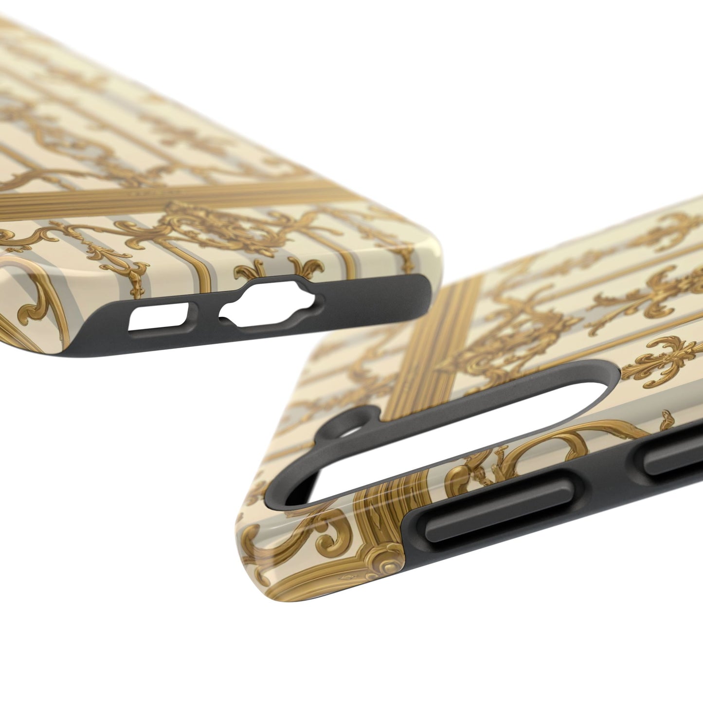 Elegant Gold Pattern Tough Phone Cases | Stylish Phone Covers, Trendy Cell Phone Accessories - Matte Gray & Cream Striped Gold Baroque