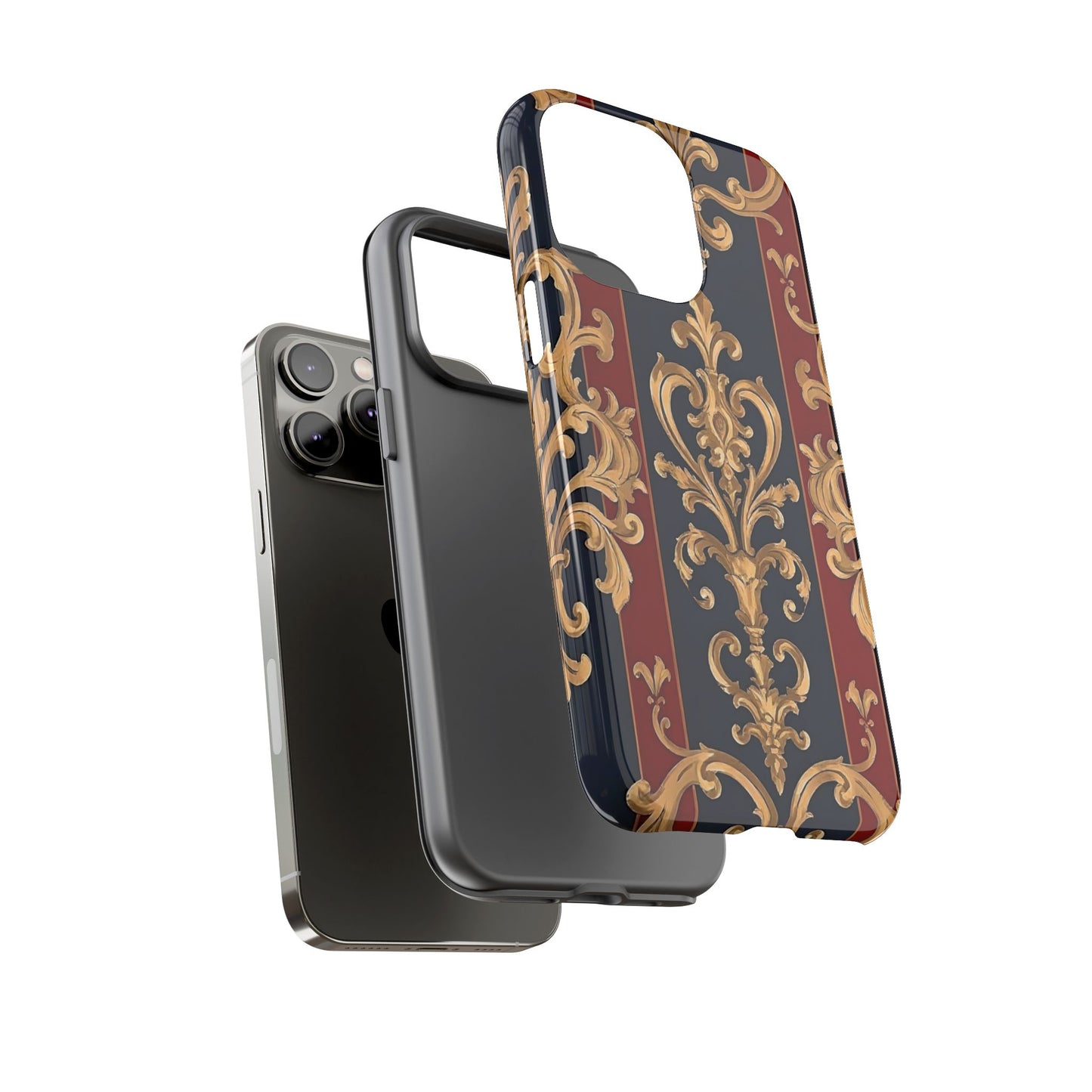 Elegant Floral Motif Phone Case - Tough Cases with Vintage Design - Midnight Blue & Dusk Red Striped Gold Damask