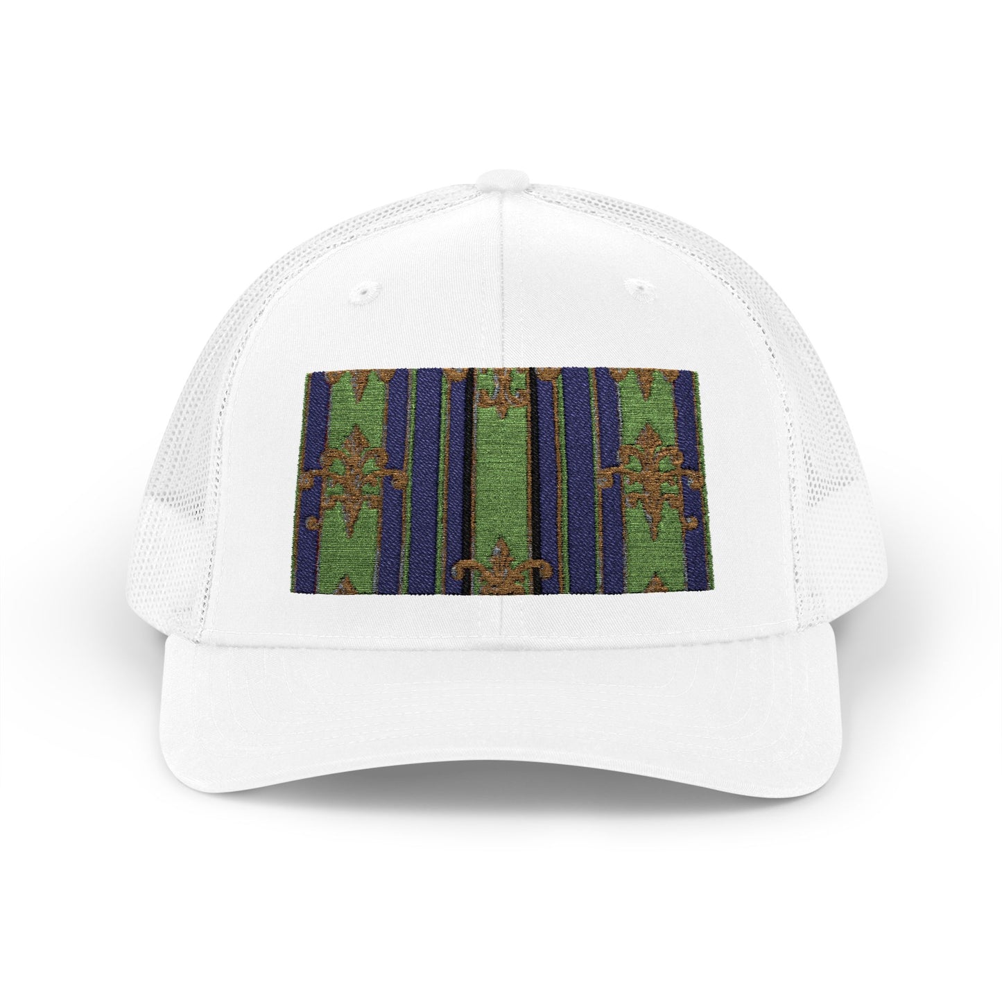 Vibrant Snapback Trucker Cap with Colorful Pattern, Baroque Hat for Festivals, Unisex Cap, Summer Accessory - Green Striped Gold Baroque