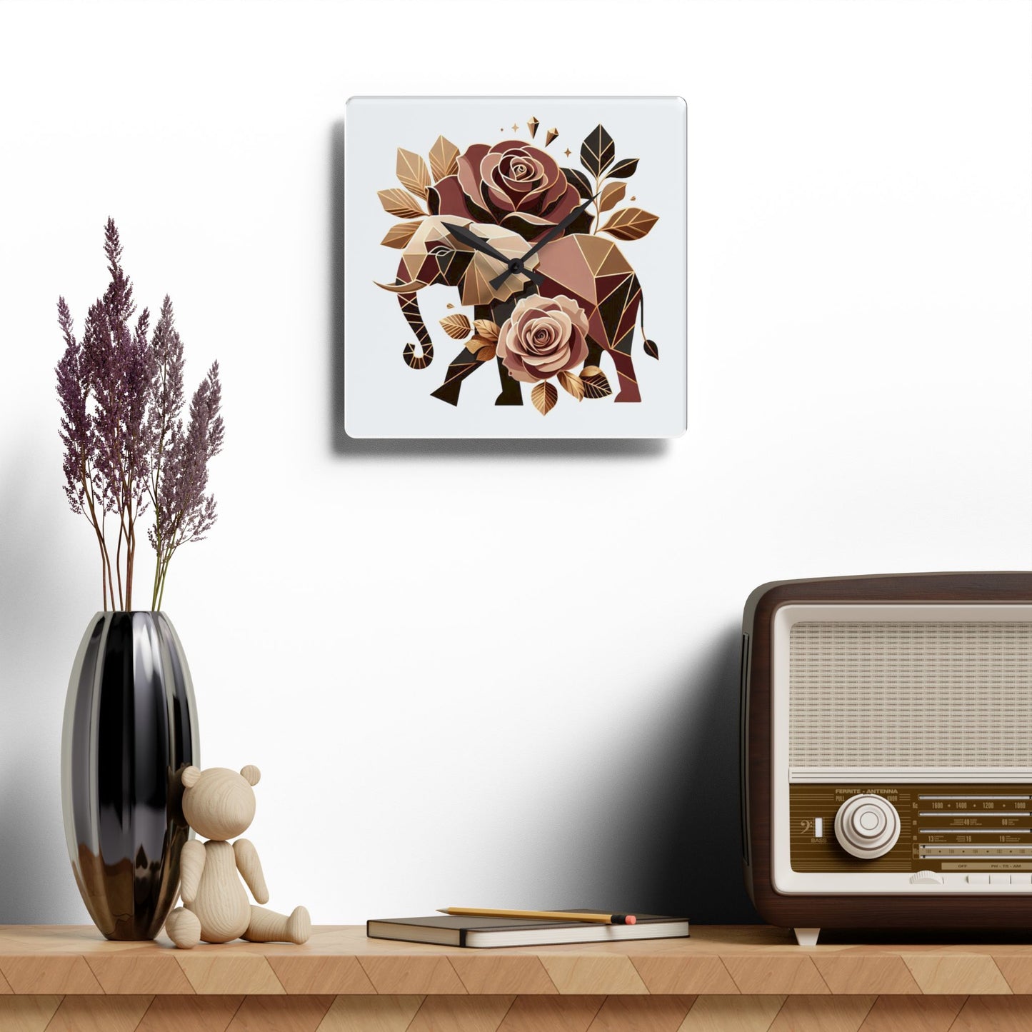 Bohemian Elephant-Inspired Acrylic Wall Clock with Floral Design - Brown & Gold Elephant & Roses Design