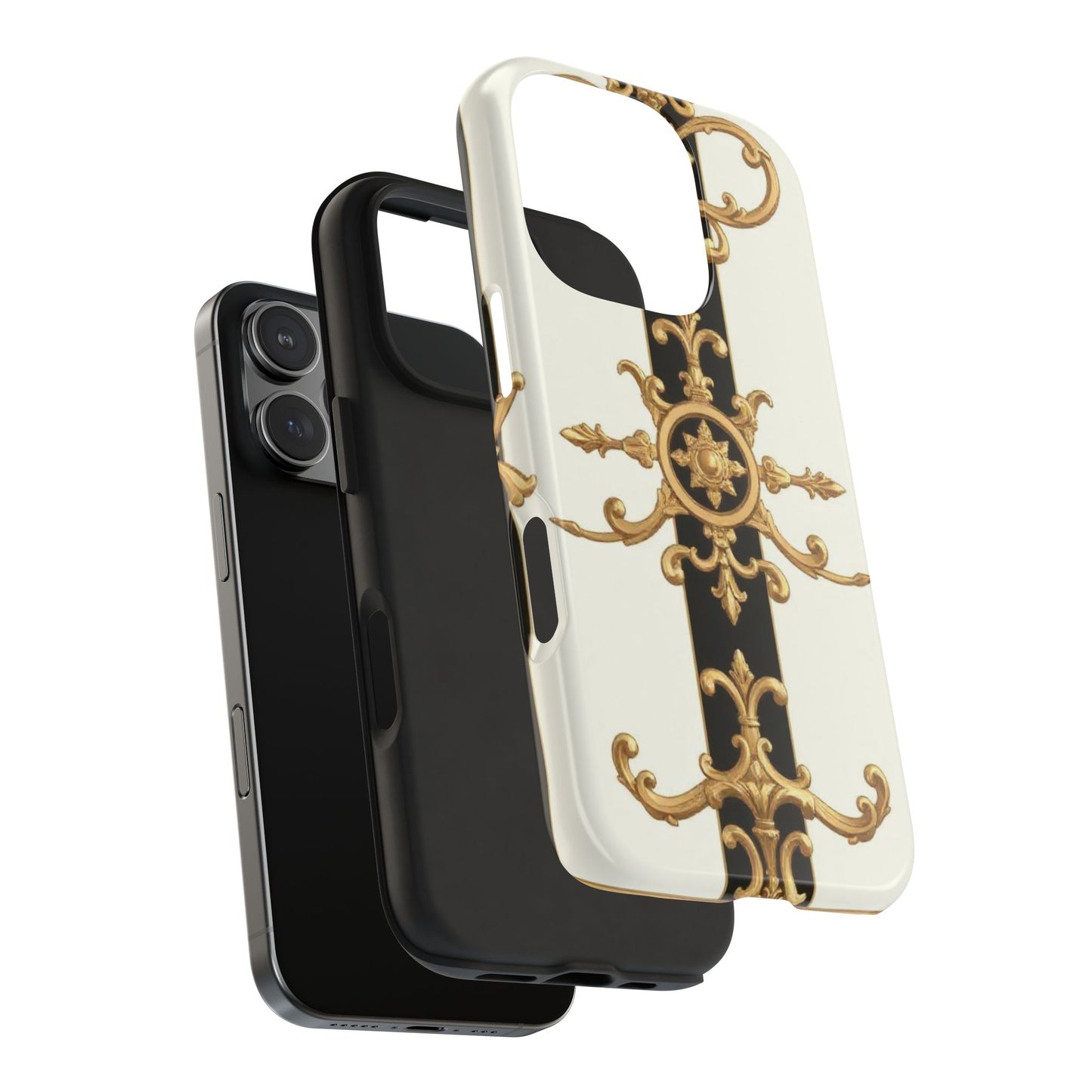 Elegant Baroque Tough Phone Case | Stylish Protection for Your Device, Gift for Her, Phone Accessories - Black & White Striped Gold Baroque
