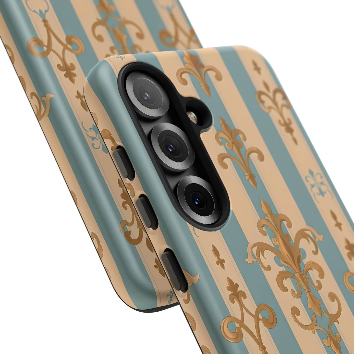Elegant Floral Motif Phone Case - Tough Cases with Vintage Design -  Beige & Sky Blue Striped Gold Damask