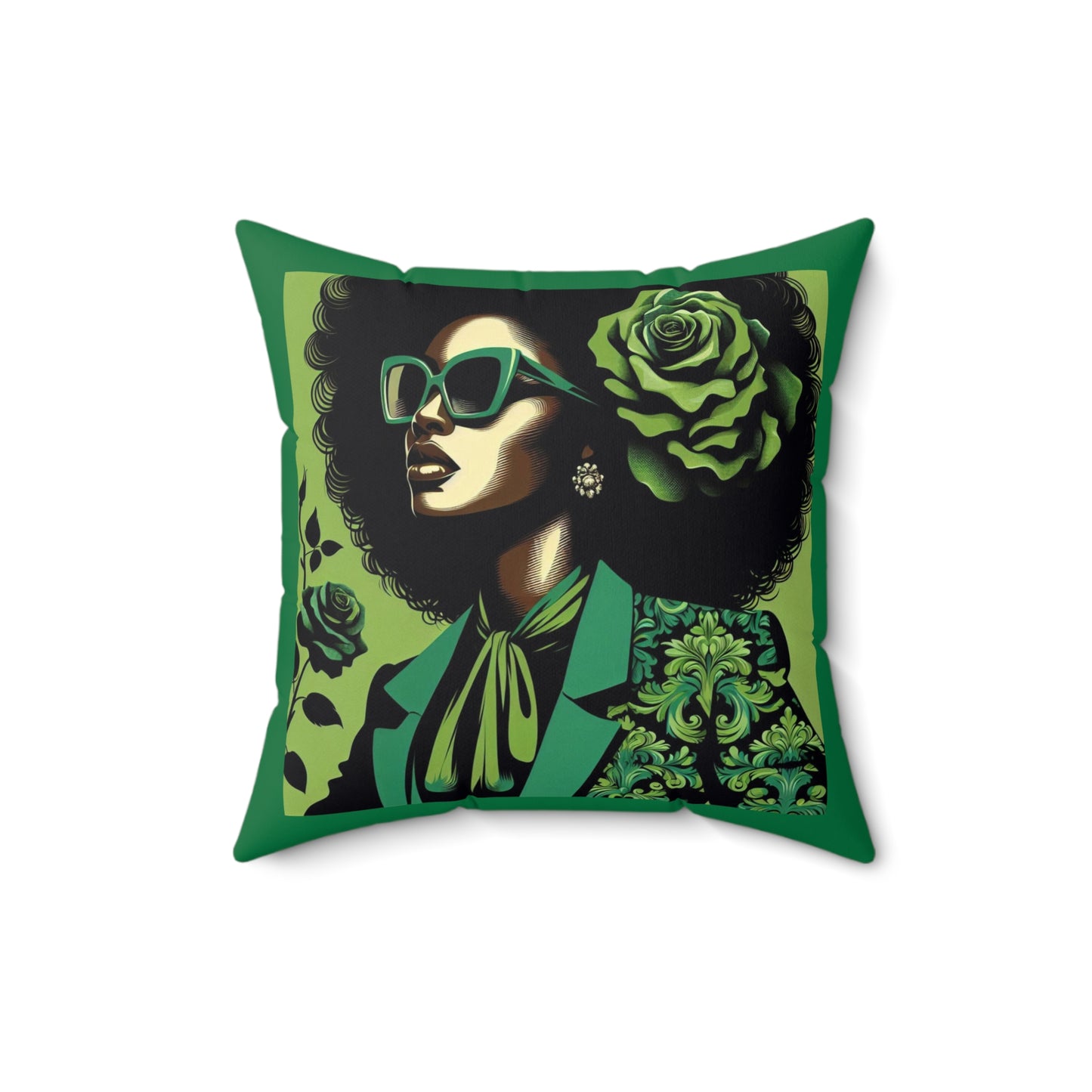 Chic Afrocentric Faux Suede Pillow, Stylish Home Decor, Gift for Her, African American Art, Damask Decor - Lady in Green Damask