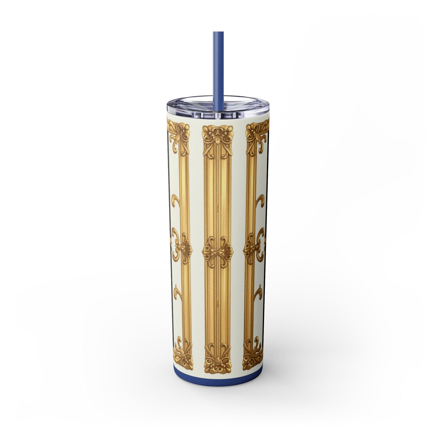 Elegant Gold Accents Skinny Tumbler, 20oz - Stylish Drinkware for Weddings, Parties, Gifts, or Everyday Use - Black & White Striped Gold Baroque