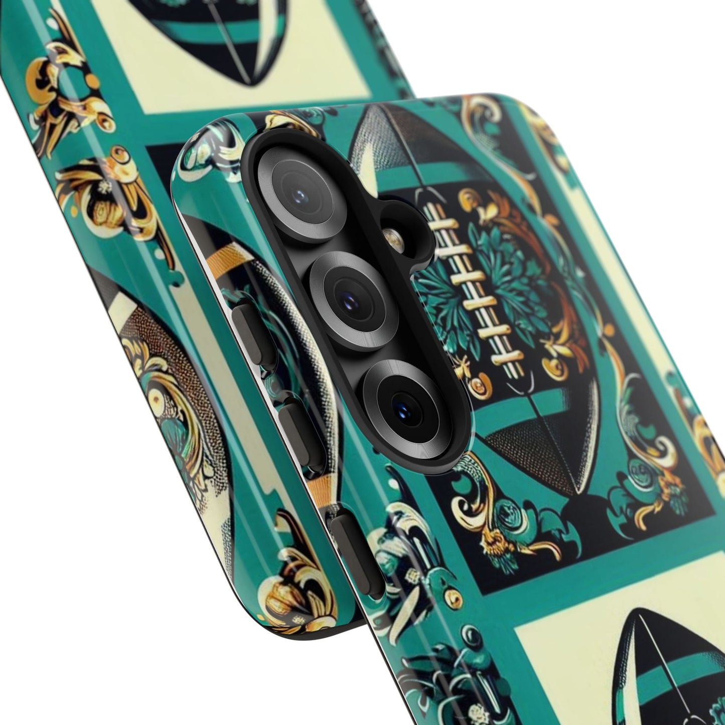 Elegant Floral Motif Phone Case - Tough Cases with Vintage Design -  Damask Teal, Gold & Black Footballs