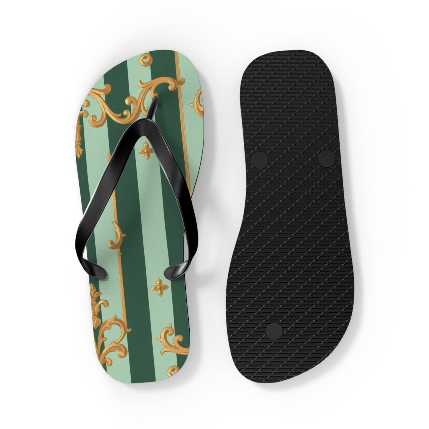 Elegant Patterned Flip Flops for Summer Fun, Beach Sandals, Casual Footwear, Vacation Essentials - Mint Green & Teal Striped Gold Baroque