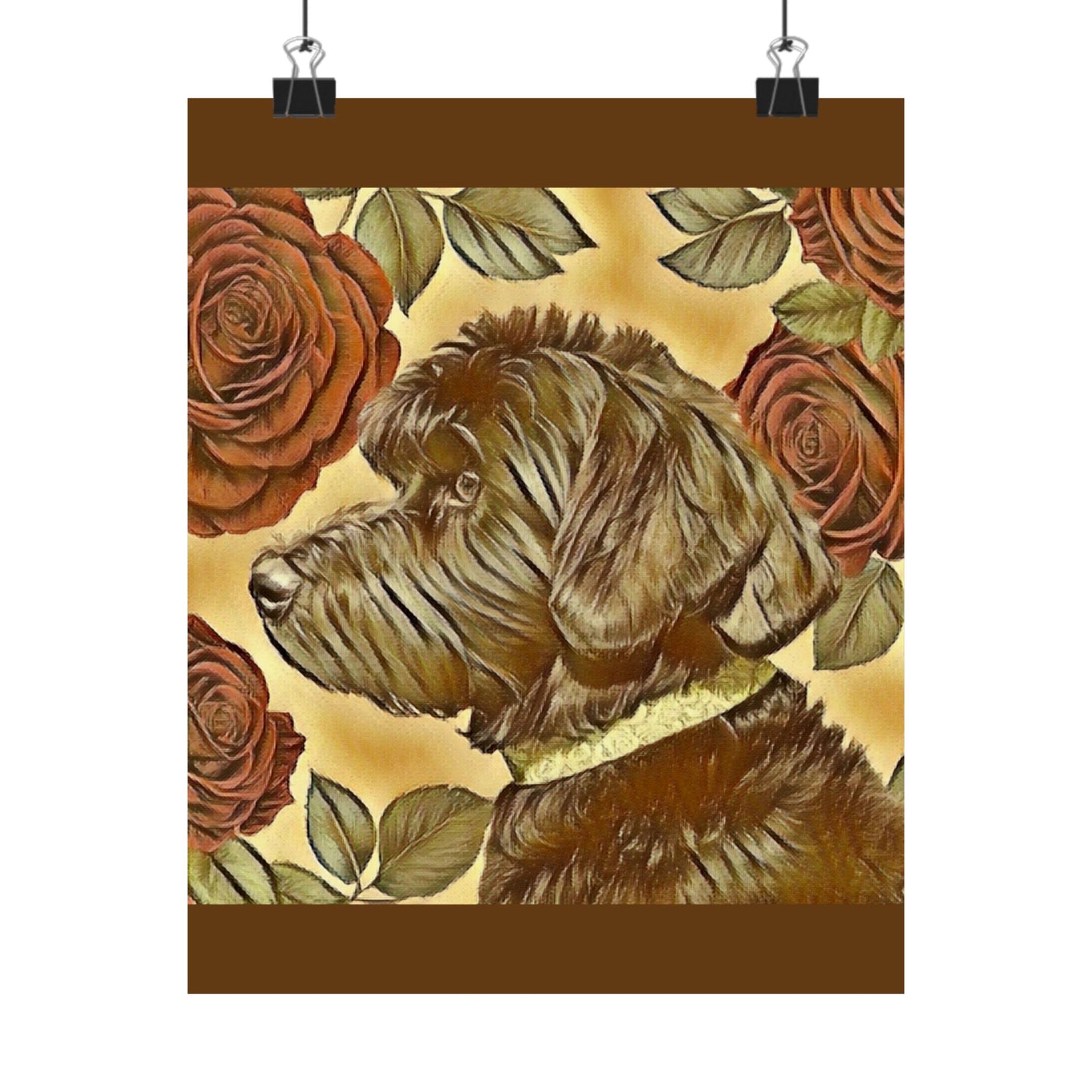 Floral Motif Art Poster - Elegant Matte Vertical Wall Decor - Golden Doodle & Roses