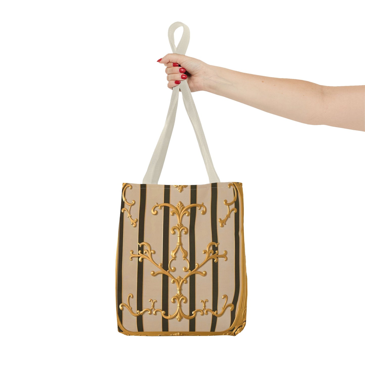 Elegant Gold Pattern Tote Bag - Stylish Carryall for Everyday Use, Eco-Friendly Shopping, Gift for Her - Beige Striped Gold Rococo