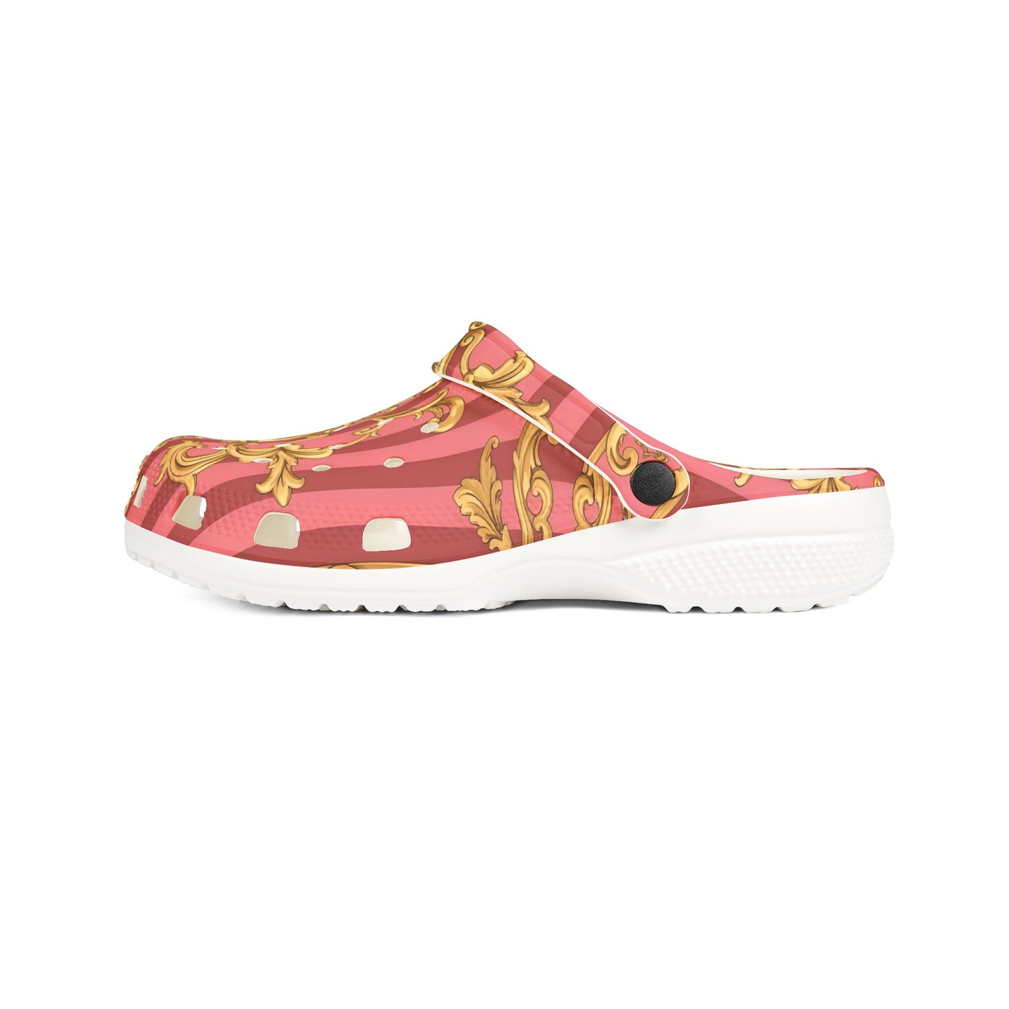 Elegant Baroque-Style EVA Foam Clogs, Trendy Slip-On Shoes, Comfortable Fashion Footwear - Pink Striped Gold Baroque