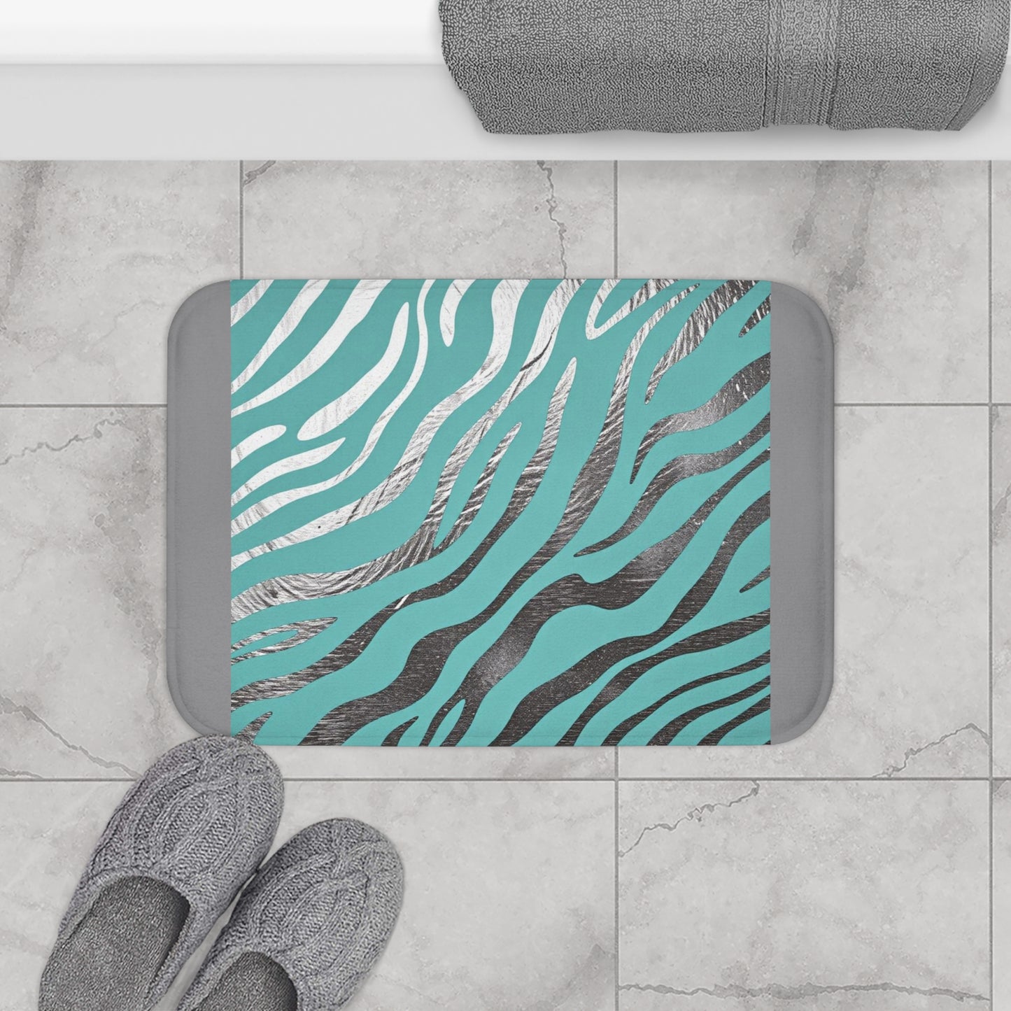 Zebra Print Bath Mat - Stylish Coastal Home Decor - Aqua & Silver