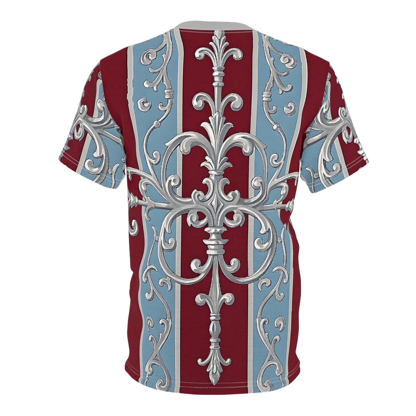 Regal Pattern Unisex Cut & Sew Tee - Elegant Floral Design Shirt for Fashion Lovers - Ice Blue & Burgundy Striped Baroque