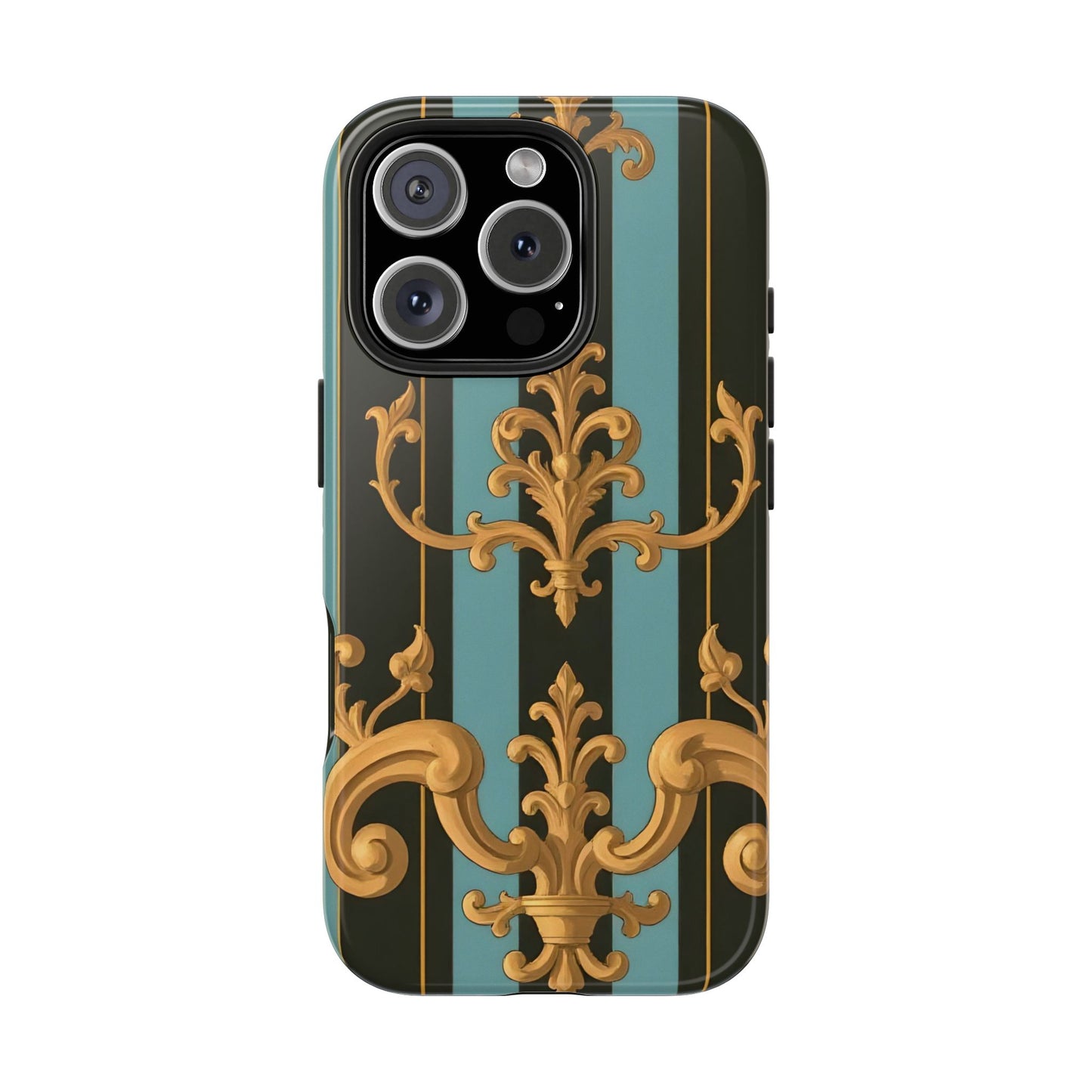 Elegant Baroque Tough Phone Case, Stylish Phone Cover, Durable iPhone Case, Unique Gift - Black & Turquoise Striped Baroque