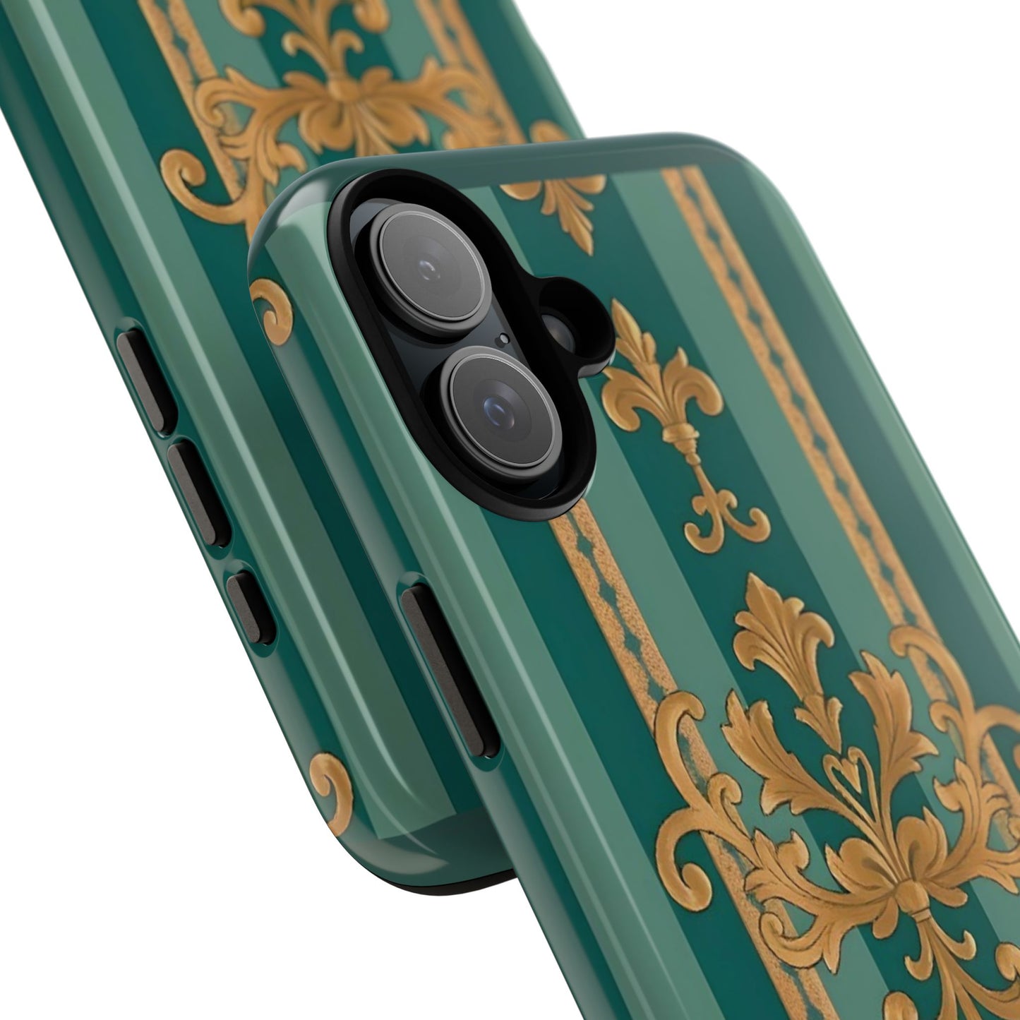 Elegant Floral Motif Phone Case - Tough Cases with Vintage Design - Teal Striped Gold Damask