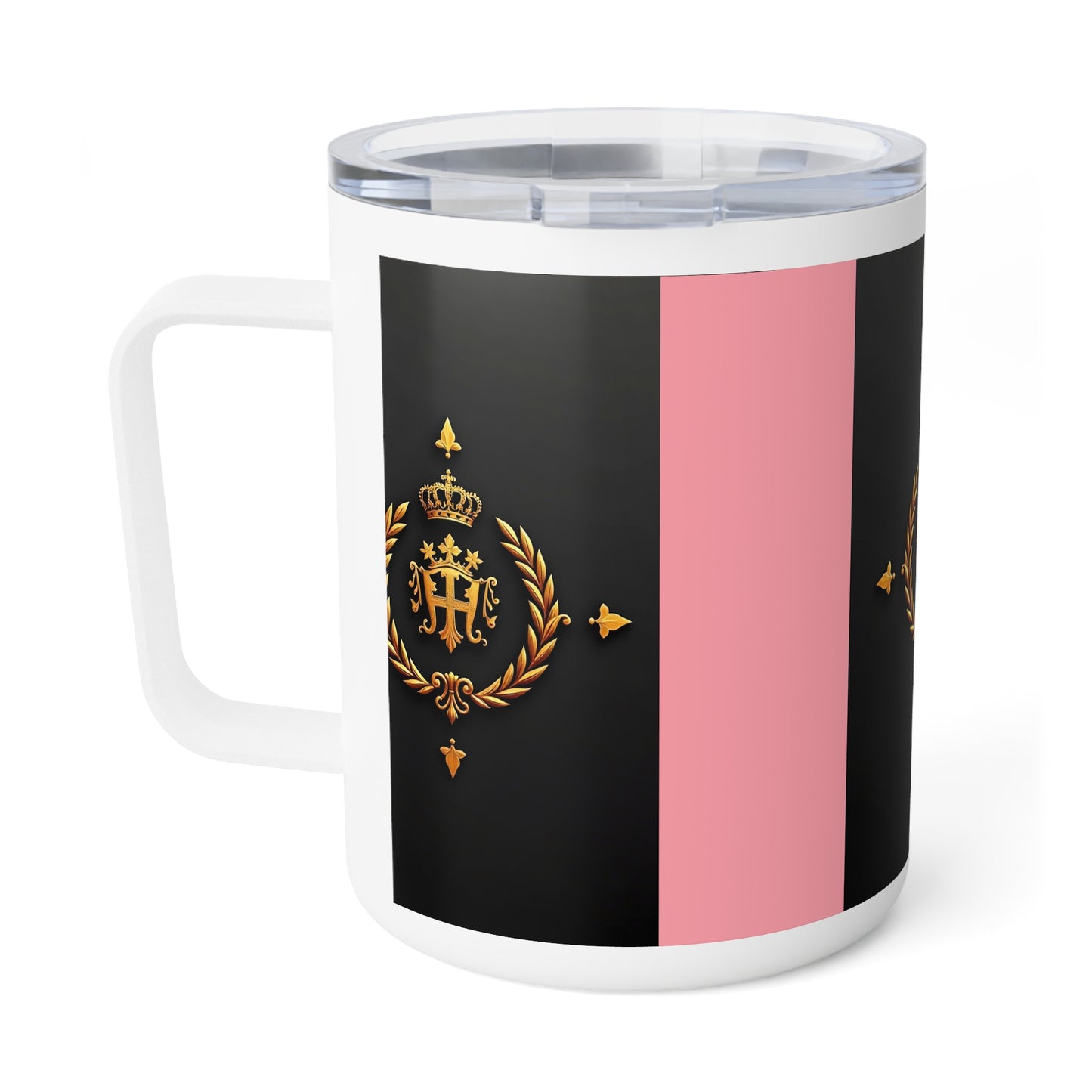 Elegant Insulated Coffee Mug - Royal Emblem Travel Cup, Perfect Gift for Coffee Lovers, Home Decor, Wedding Favors - Pink Striped Gold Crest