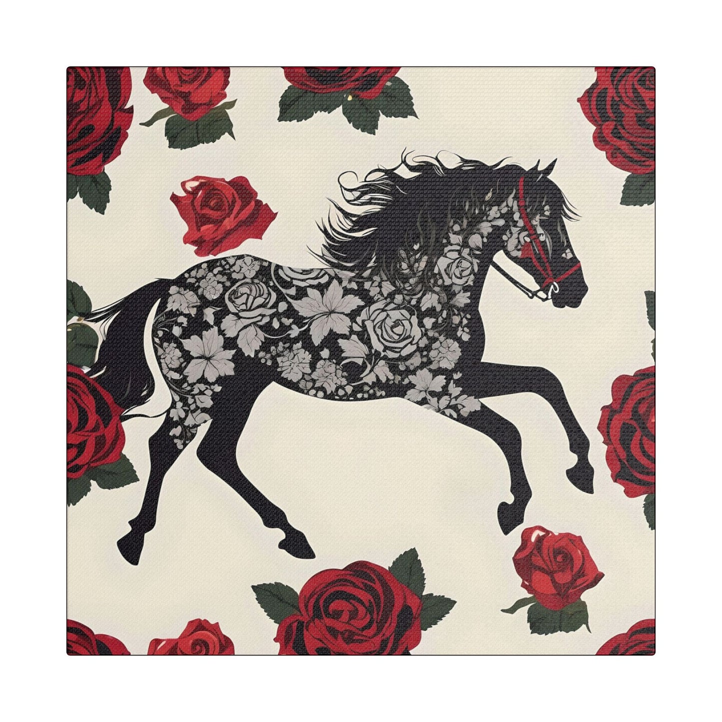 Art Print Canvas, Wall Decor, Satin Stretched Canvas, Equestrian Art, Office Decor, Home Decor - Horse & Roses