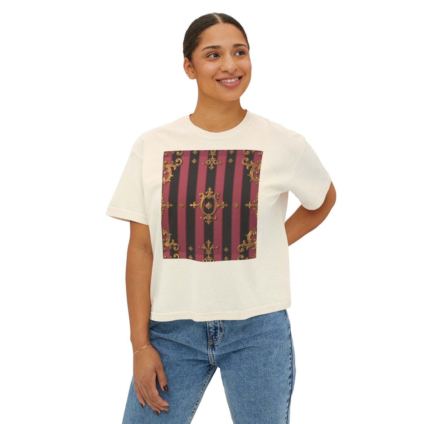 Black & Mauve Striped Gold Baroque Women's Boxy Tee, Vintage Style Top, Casual Fashion Tee, Oversized Graphic Shirt