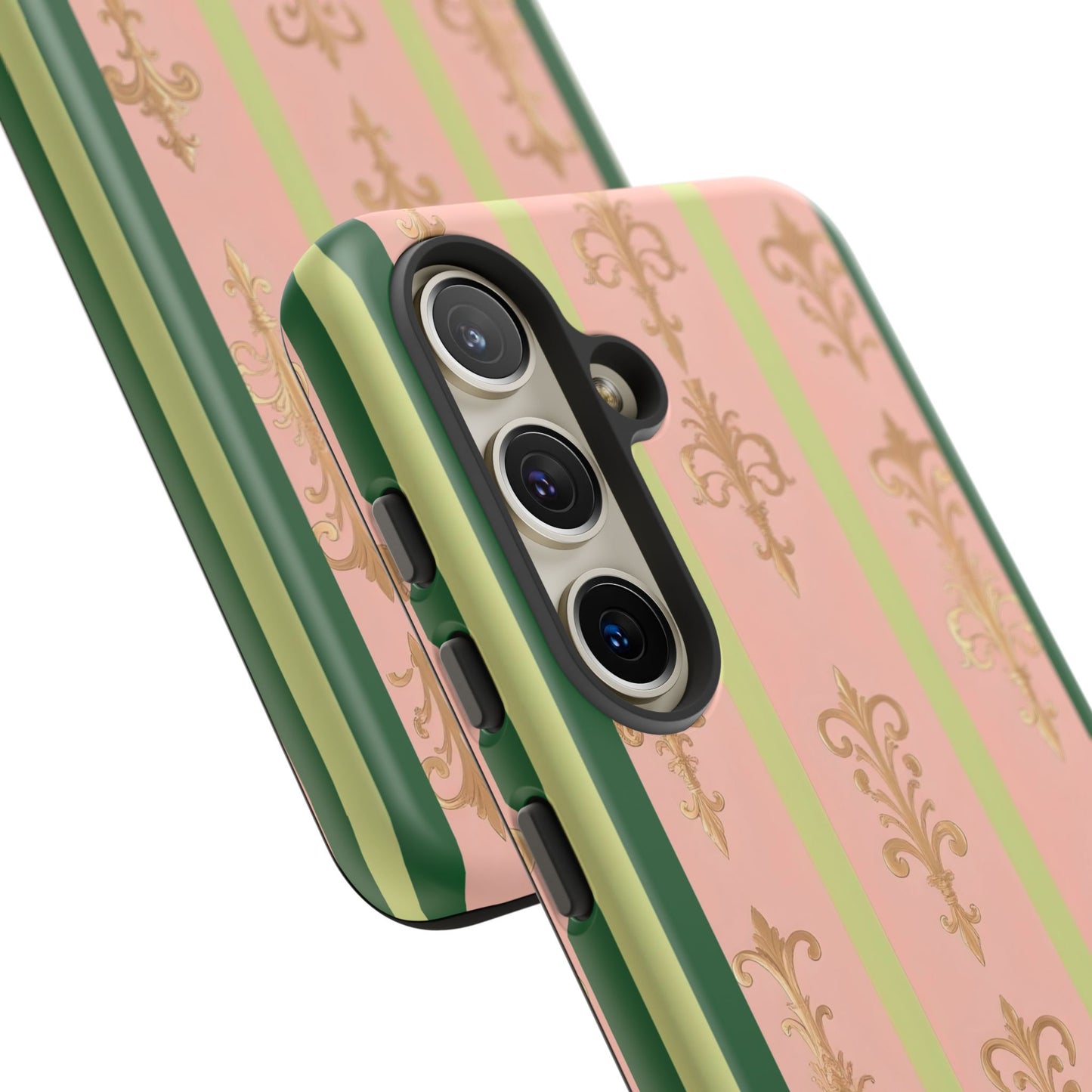 Elegant Floral Motif Phone Case - Tough Cases with Vintage Design - Lime Green & Pink Striped Damask
