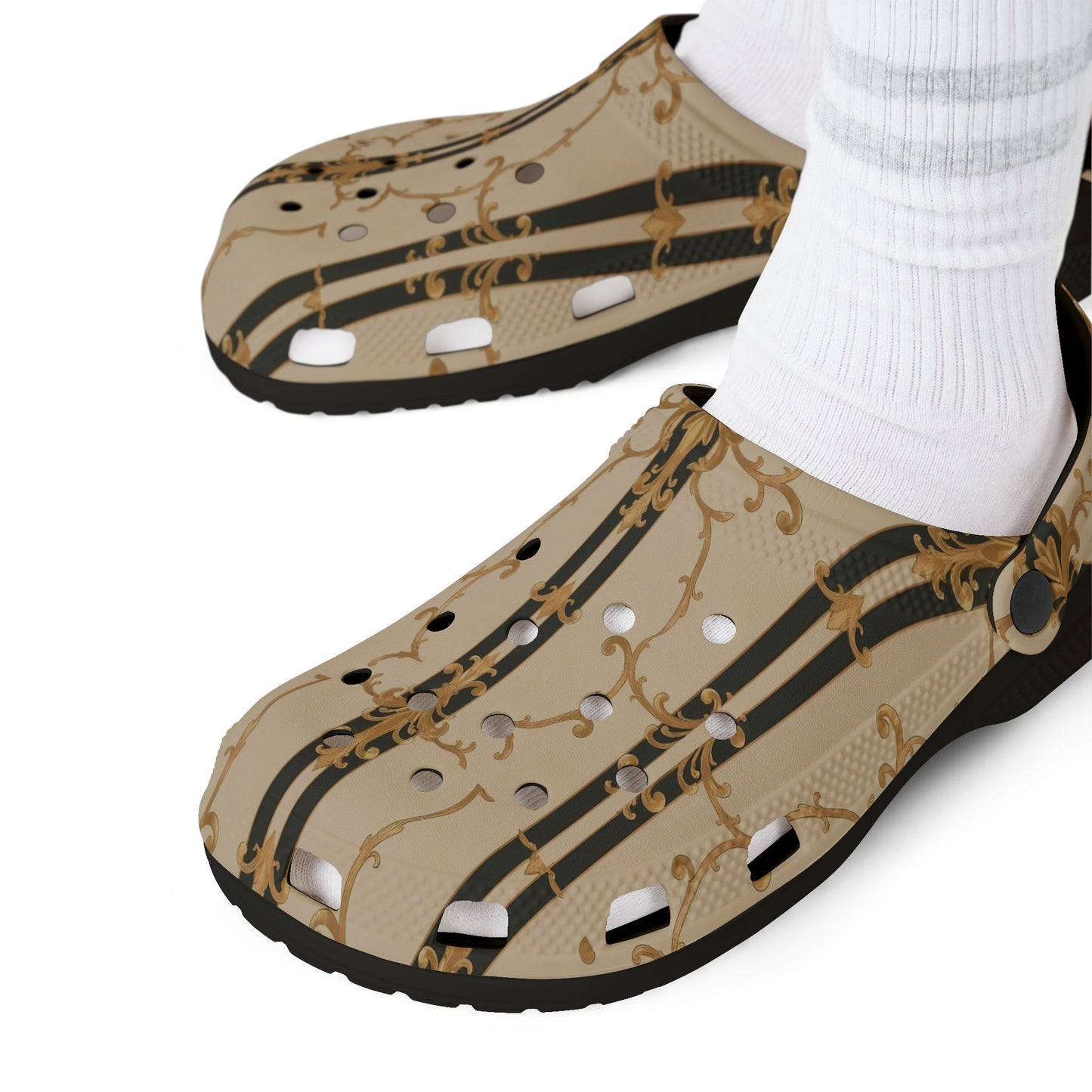 Stylish EVA Foam Clogs - Trendy Comfort for Home & Garden, Fashionable Slides, Casual Footwear - Black & Beige Striped Damask
