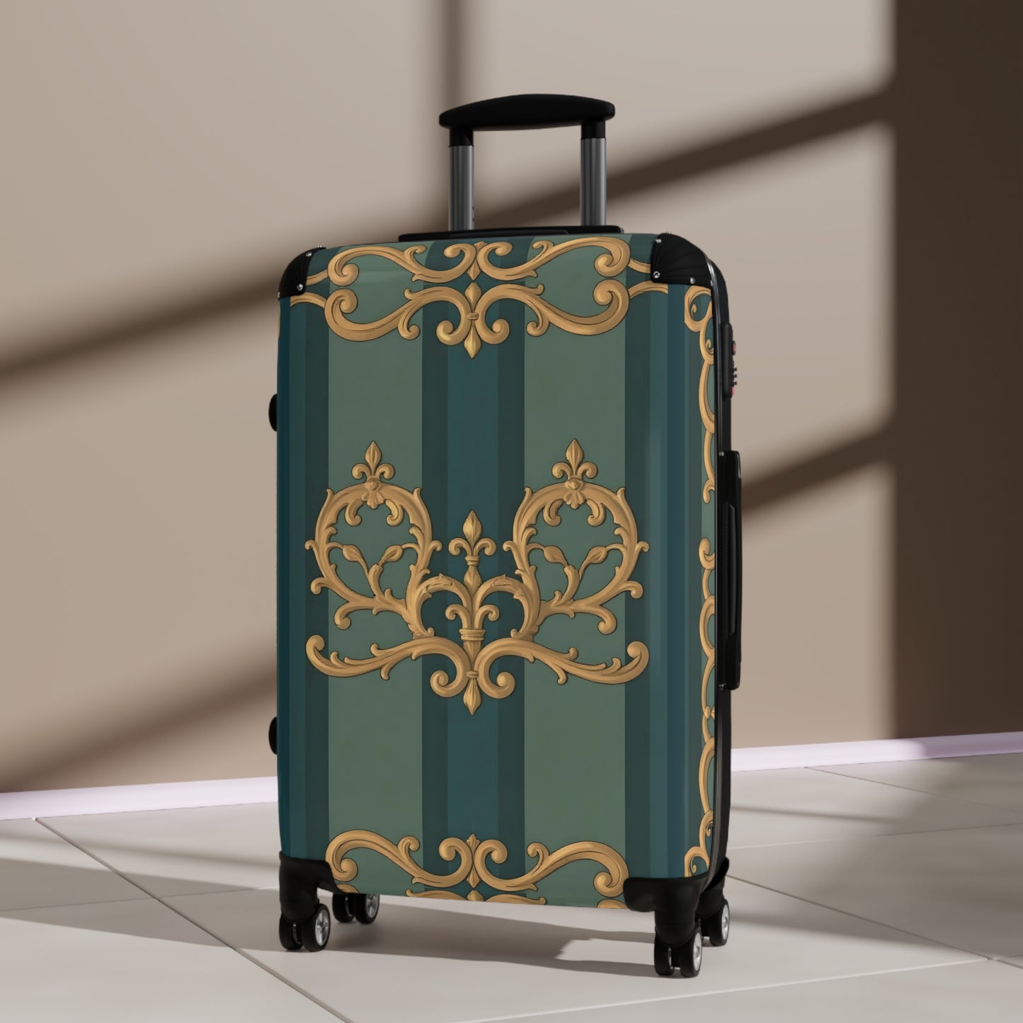 Vintage Floral Suitcase - Stylish Travel Luggage for Adventurers - Smoky Blue & Teal Striped Baroque