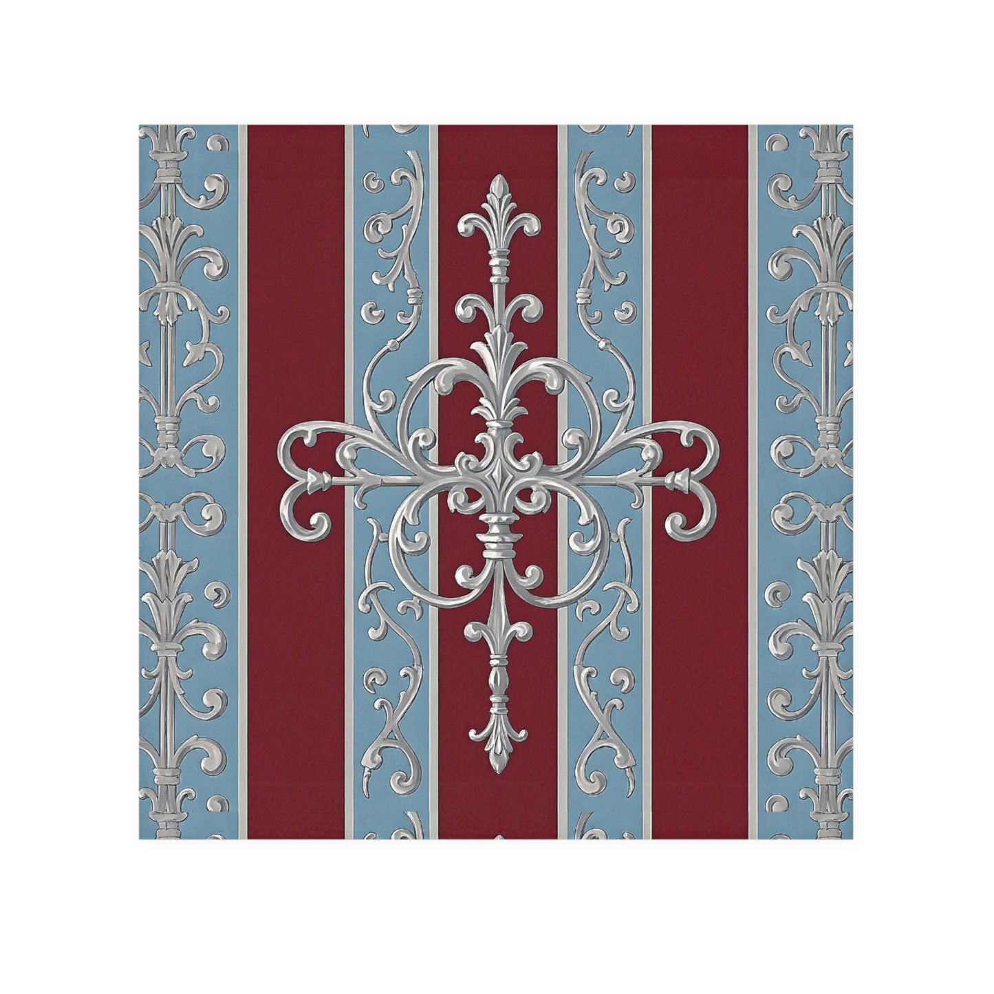 Elegant Decorative Face Towel with Ornate Design - Ice Blue & Burgundy Striped Baroque