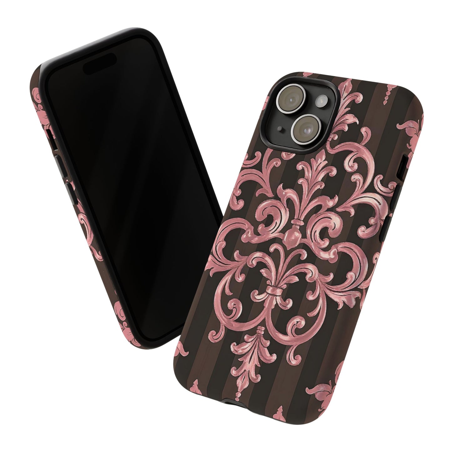 Elegant Floral Motif Phone Case - Tough Cases with Vintage Design - Brown Striped Mauve Damask
