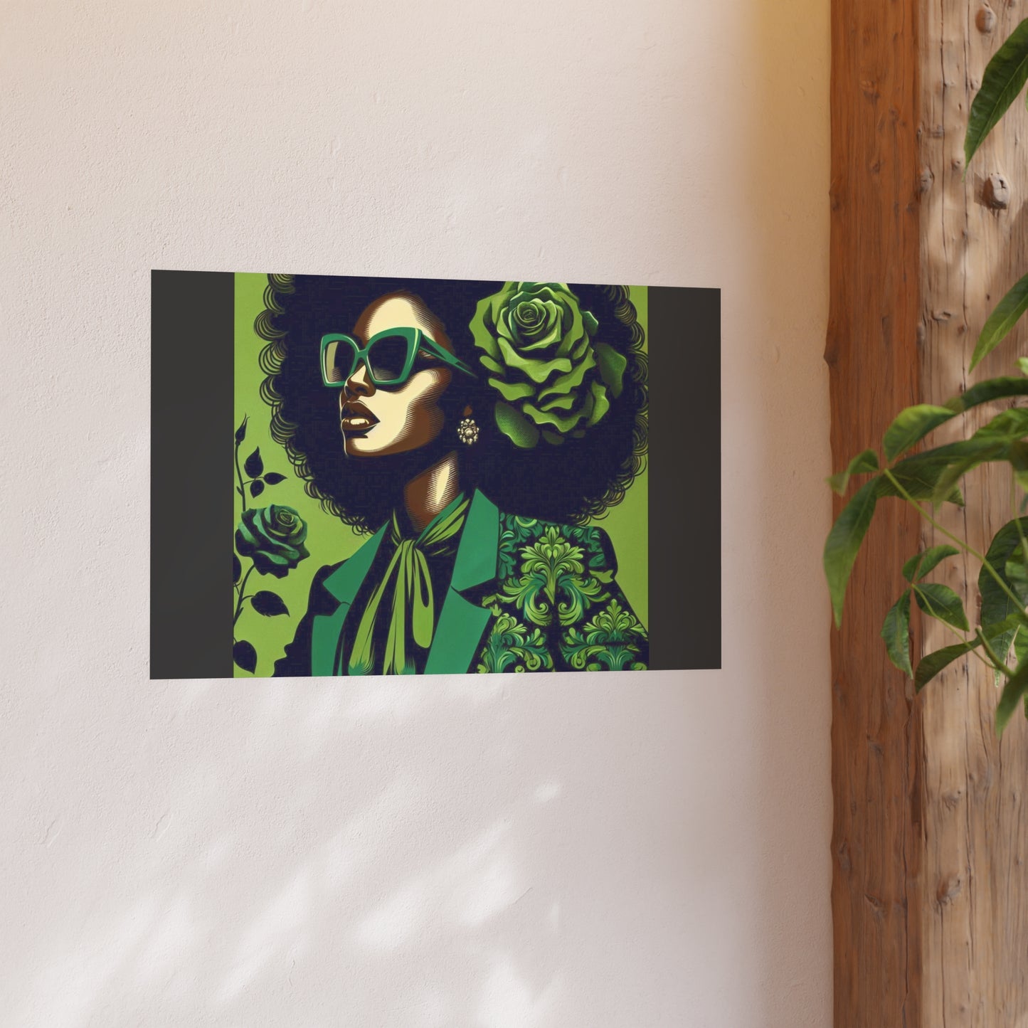 Chic Afrocentric Art Poster, Vibrant Wall Décor, Stylish Home Decoration, Damask Chic Art Print - Lady In Green Damask
