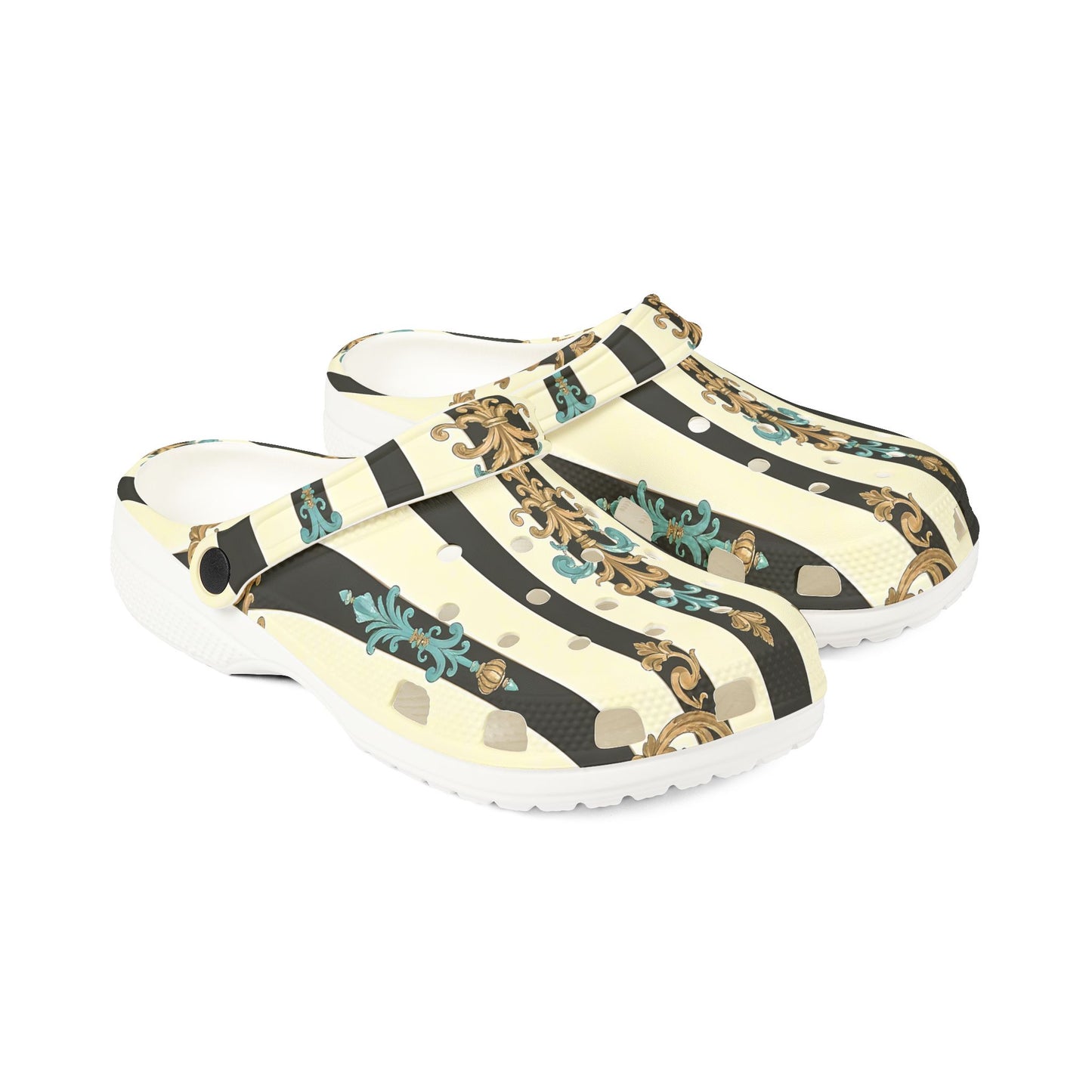 Stylish Floral EVA Foam Clogs – Comfortable & Durable Outdoor Footwear, Slip-On Comfort - Black Striped Turquoise & Black Rococo