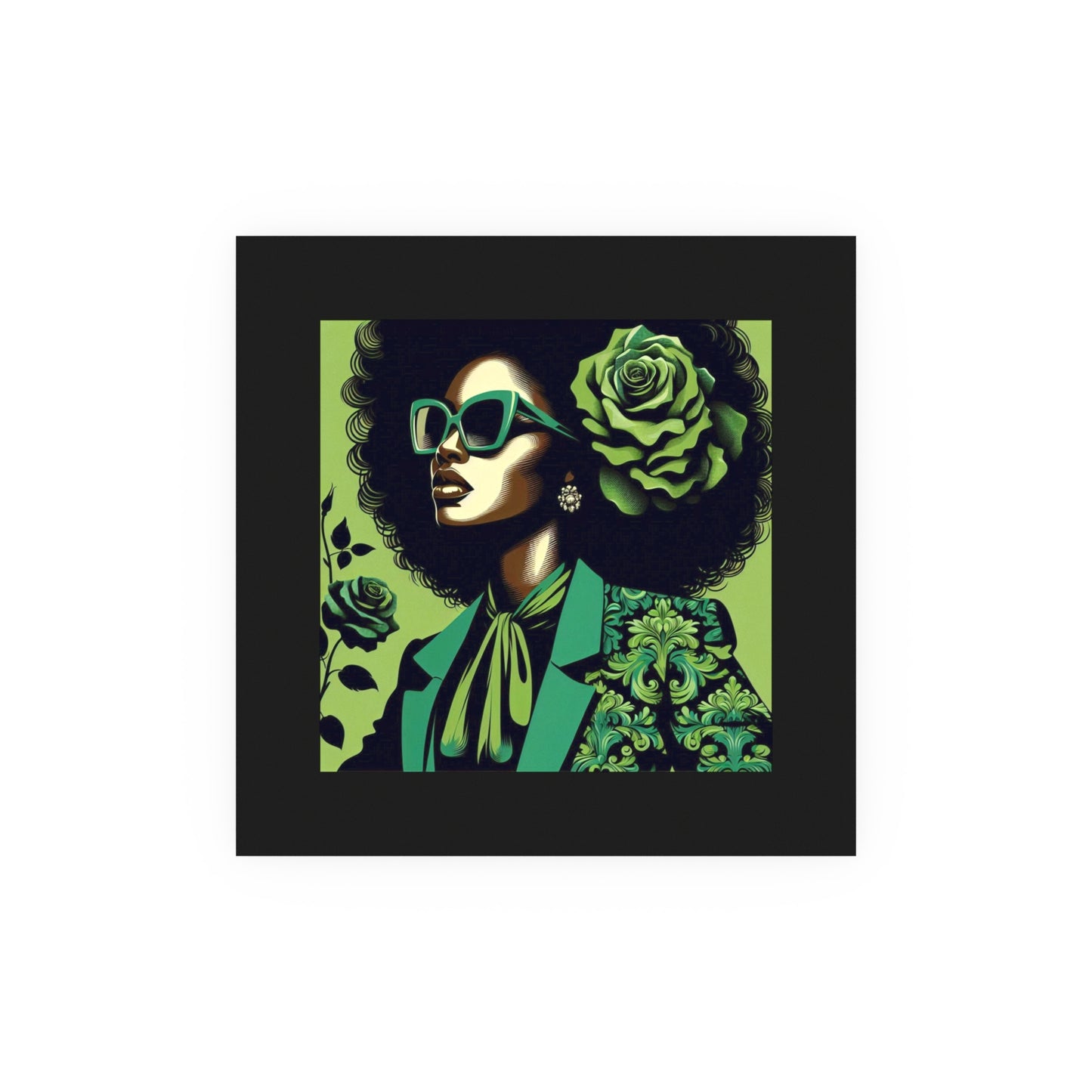 Chic Afrocentric Art Poster, Vibrant Wall Décor, Stylish Home Decoration, Damask Chic Art Print - Lady In Green Damask