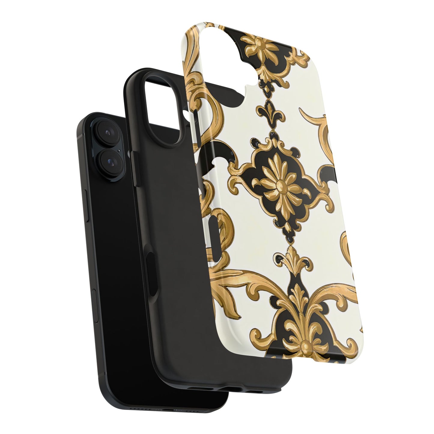 Elegant Floral Tough Phone Cases, Durable Phone Cover, Stylish Phone Accessories, Gift for Her, Chic Phone Cases - Black & Gold Rococo
