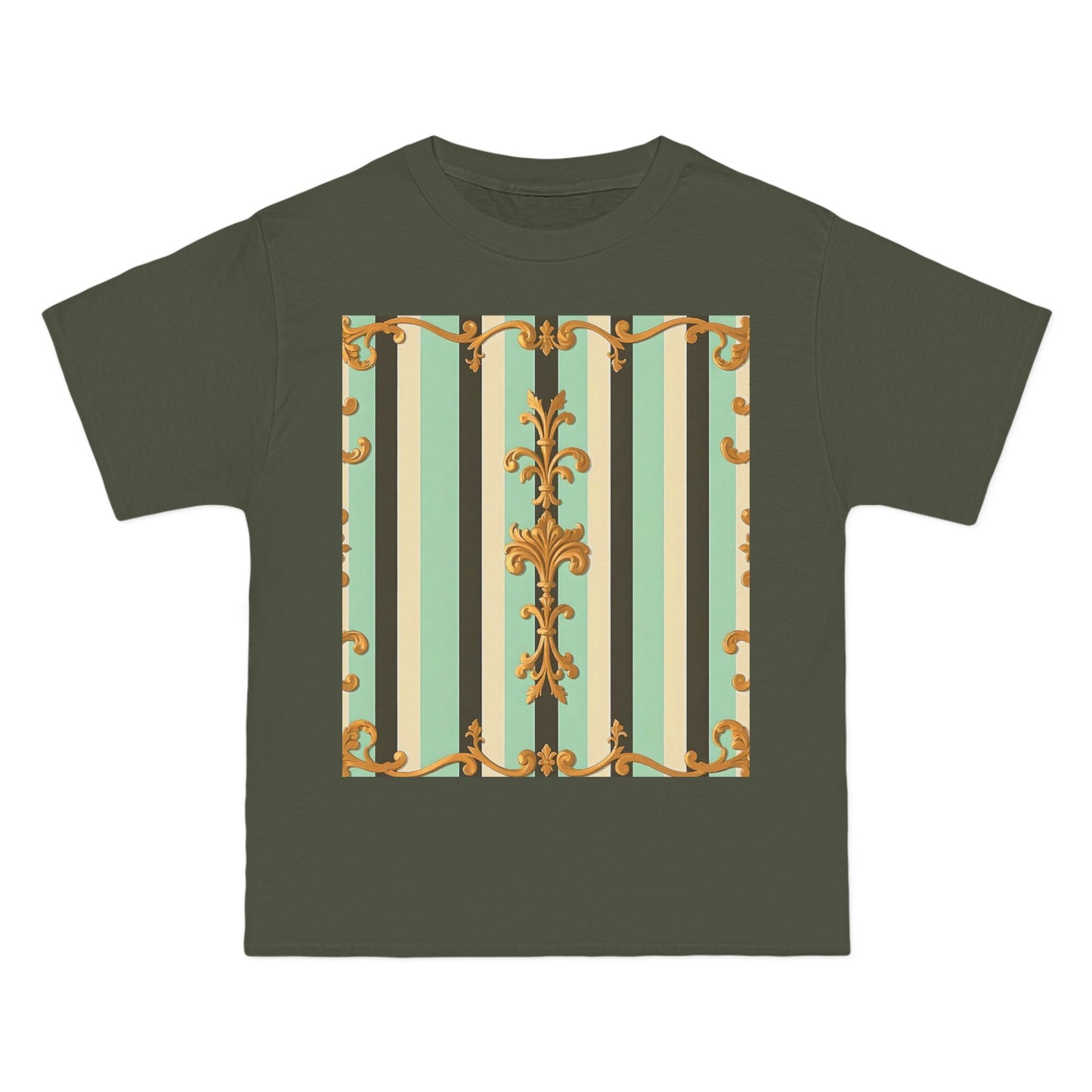 Vintage-Inspired Short-Sleeve T-Shirt, Casual Wear, Graphic Tee, Retro Style, Summer Fashion, Gift for Her - Black & Matte Mint Striped Rococo