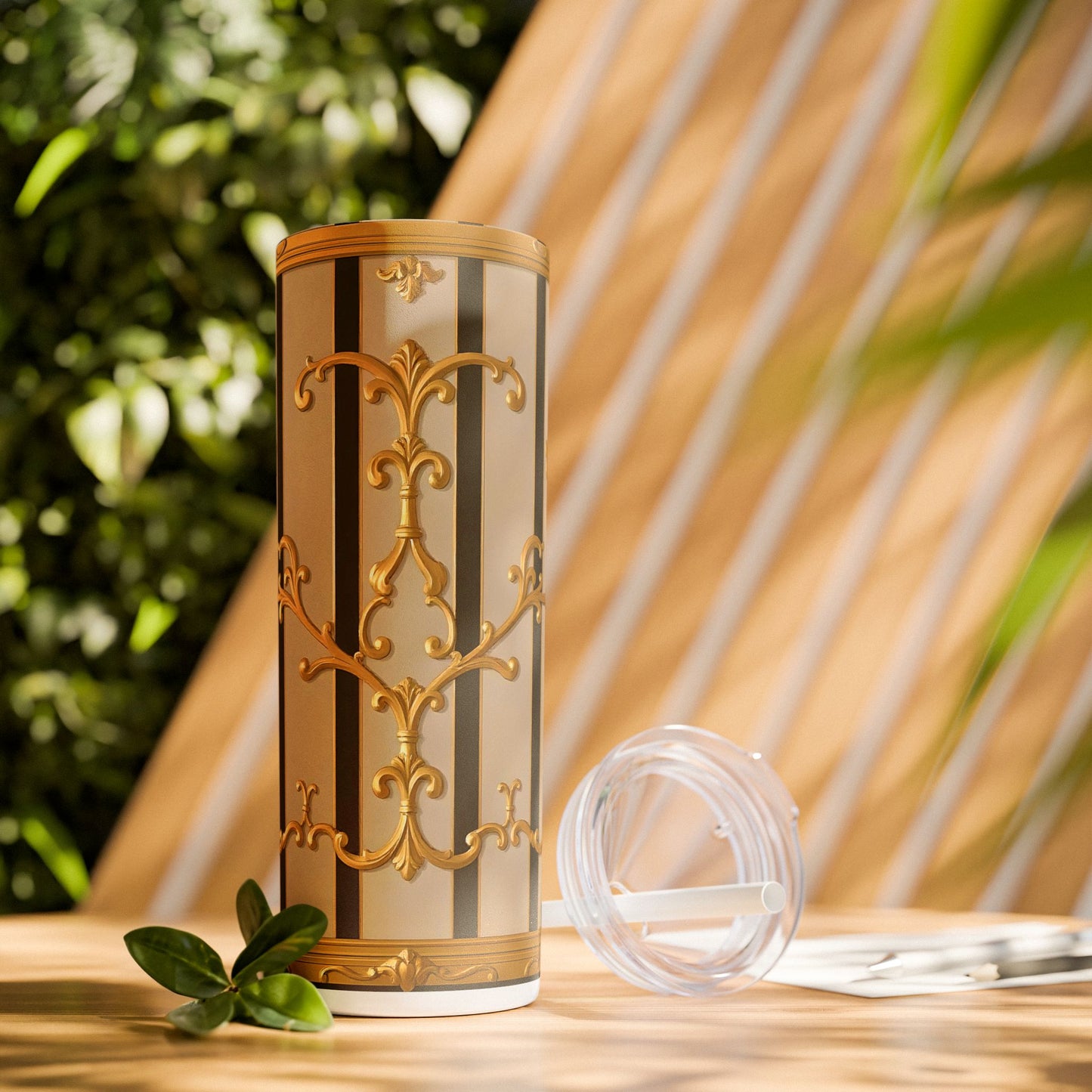 Skinny Tumbler with Straw, 20oz - Beige Striped Gold Rococo