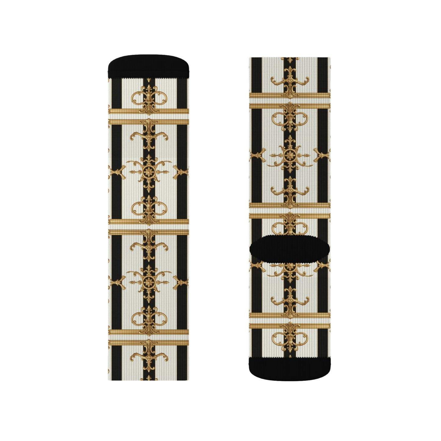 Chic Patterned Socks, Stylish Footwear Gift, Unique Fashion Statement, Cozy Everyday Use - Black & White Striped Gold Baroque