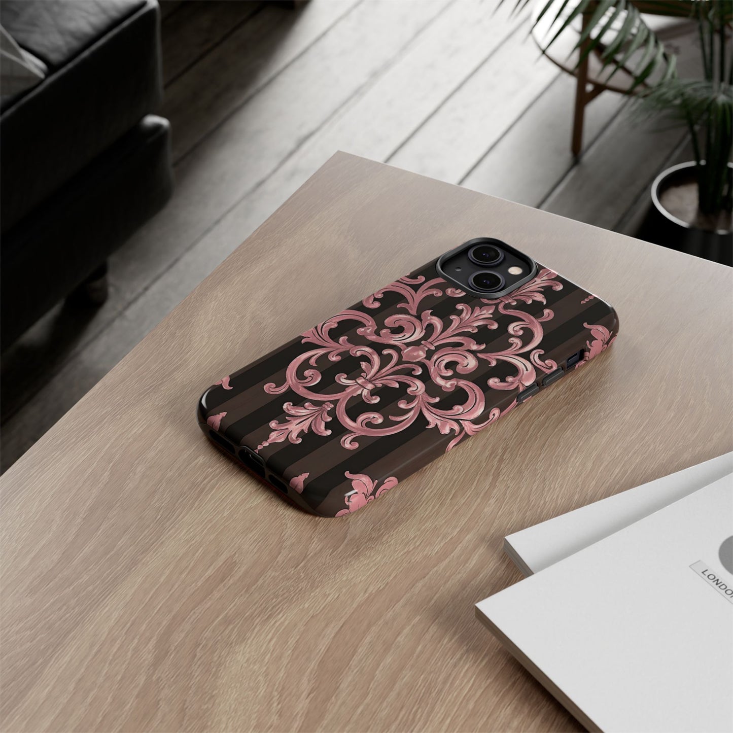Elegant Floral Motif Phone Case - Tough Cases with Vintage Design - Brown Striped Mauve Damask