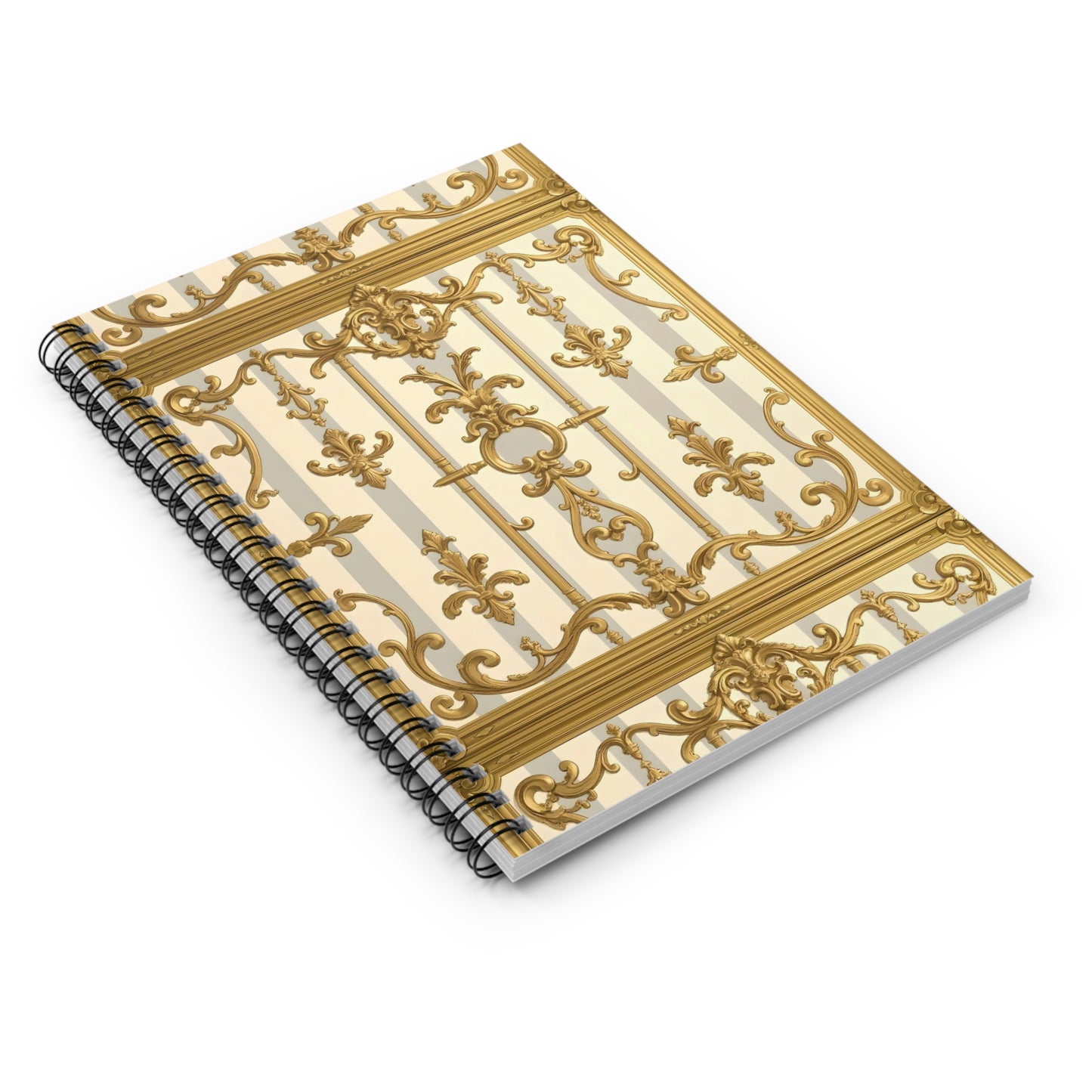 Elegant Gold Baroque Spiral Notebook - Ruled Lines, Perfect for Journaling, Note Taking, School Supplies - Matte Gray & Cream Striped Gold Baroque