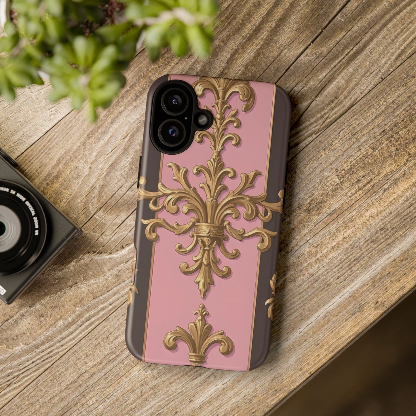 Elegant Floral Motif Phone Case - Tough Cases with Vintage Design - Pink & Brown Striped Gold Damask