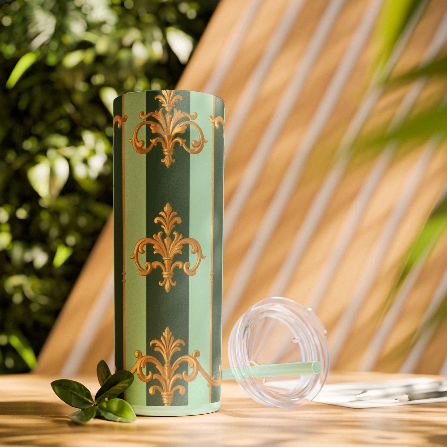 Elegant Floral Skinny Tumbler with Straw, 20oz – Stylish Travel Mug, Eco-Friendly Reusable Cup - Mint Green & Teal Striped Gold Baroque