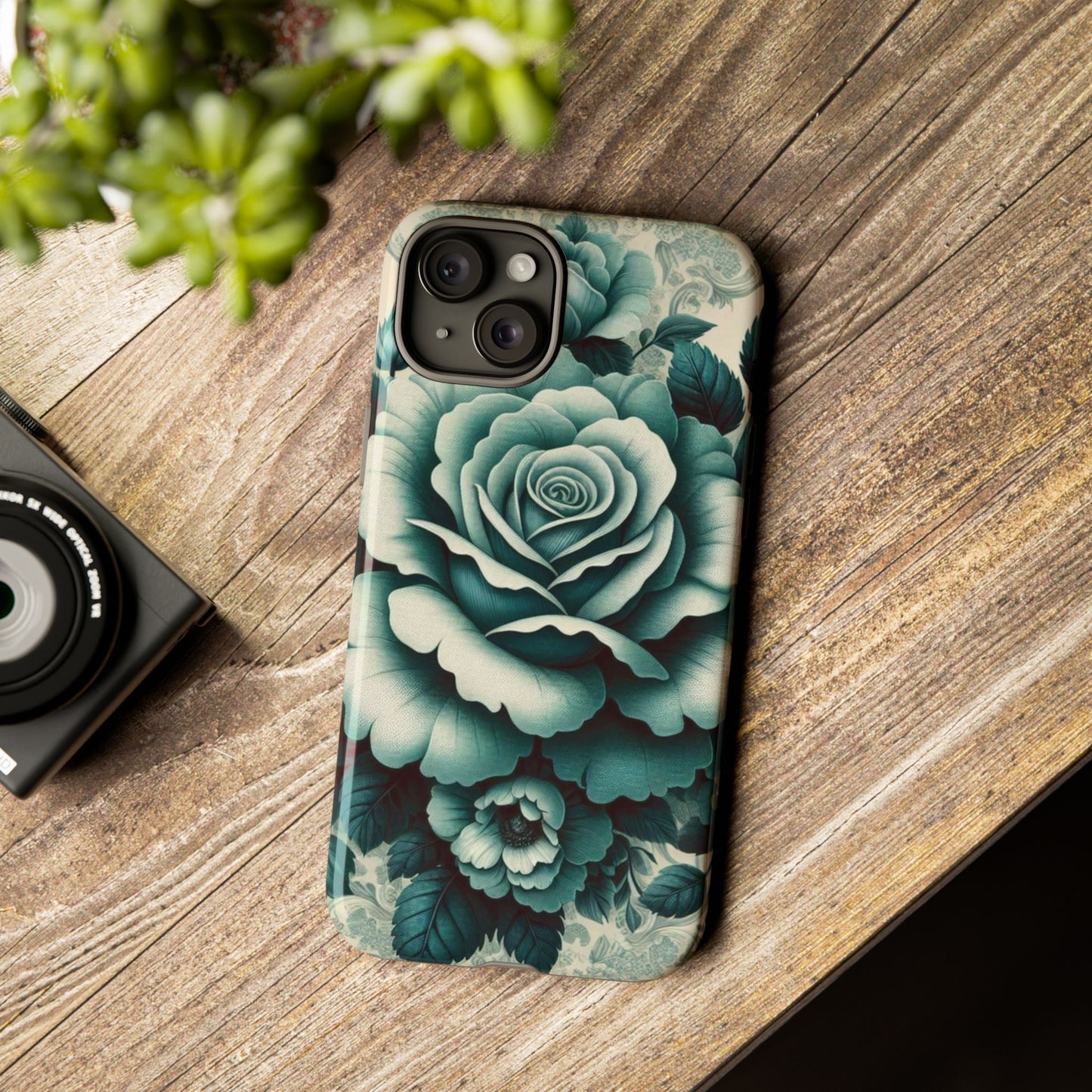 Elegant Floral Motif Phone Case - Tough Cases with Vintage Design - Teal Roses & Damask