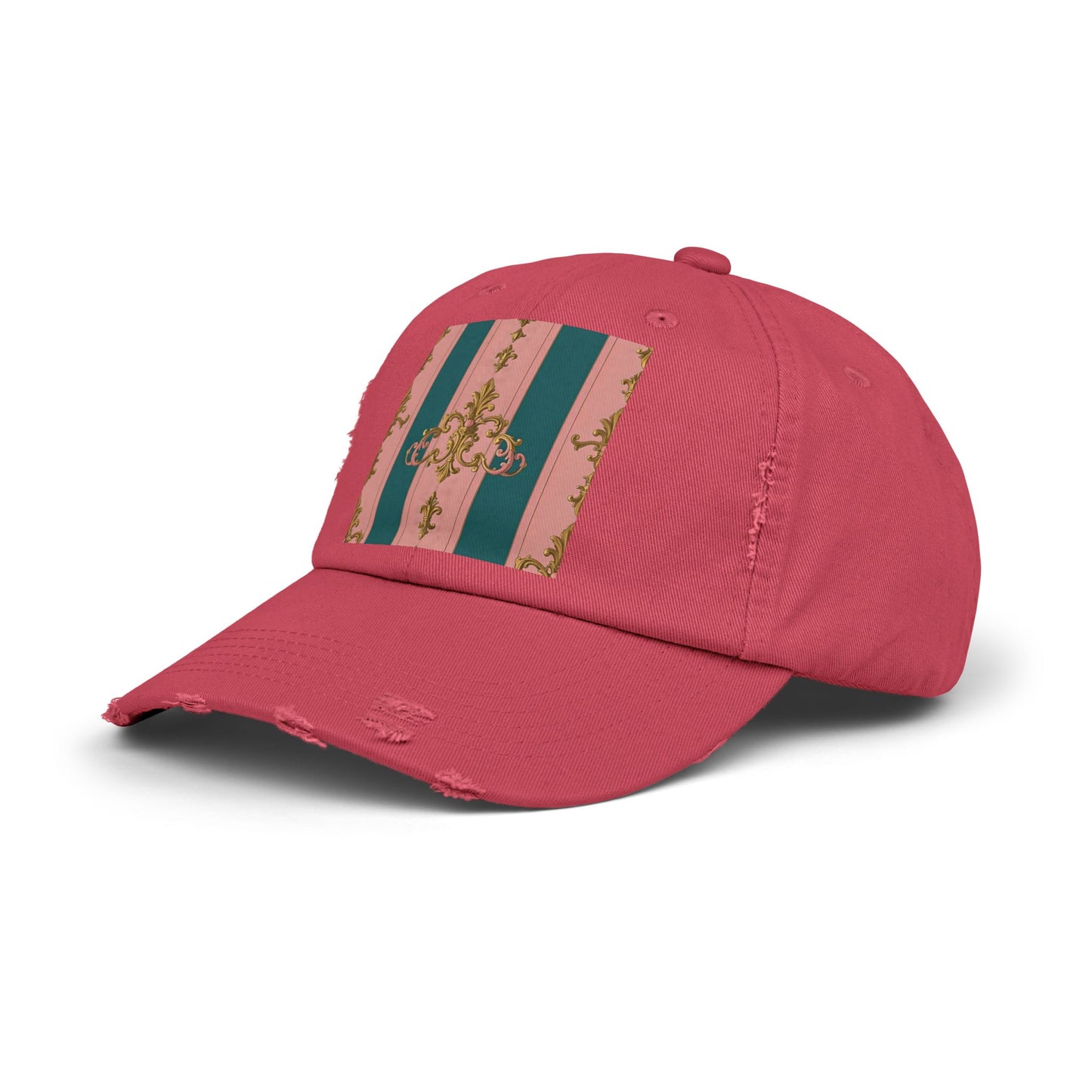 Chic Vintage Distressed Cap, Trendy Unisex Baseball Hat, Fashionable Everyday Wear - Pink & Teal Striped Gold Baroque