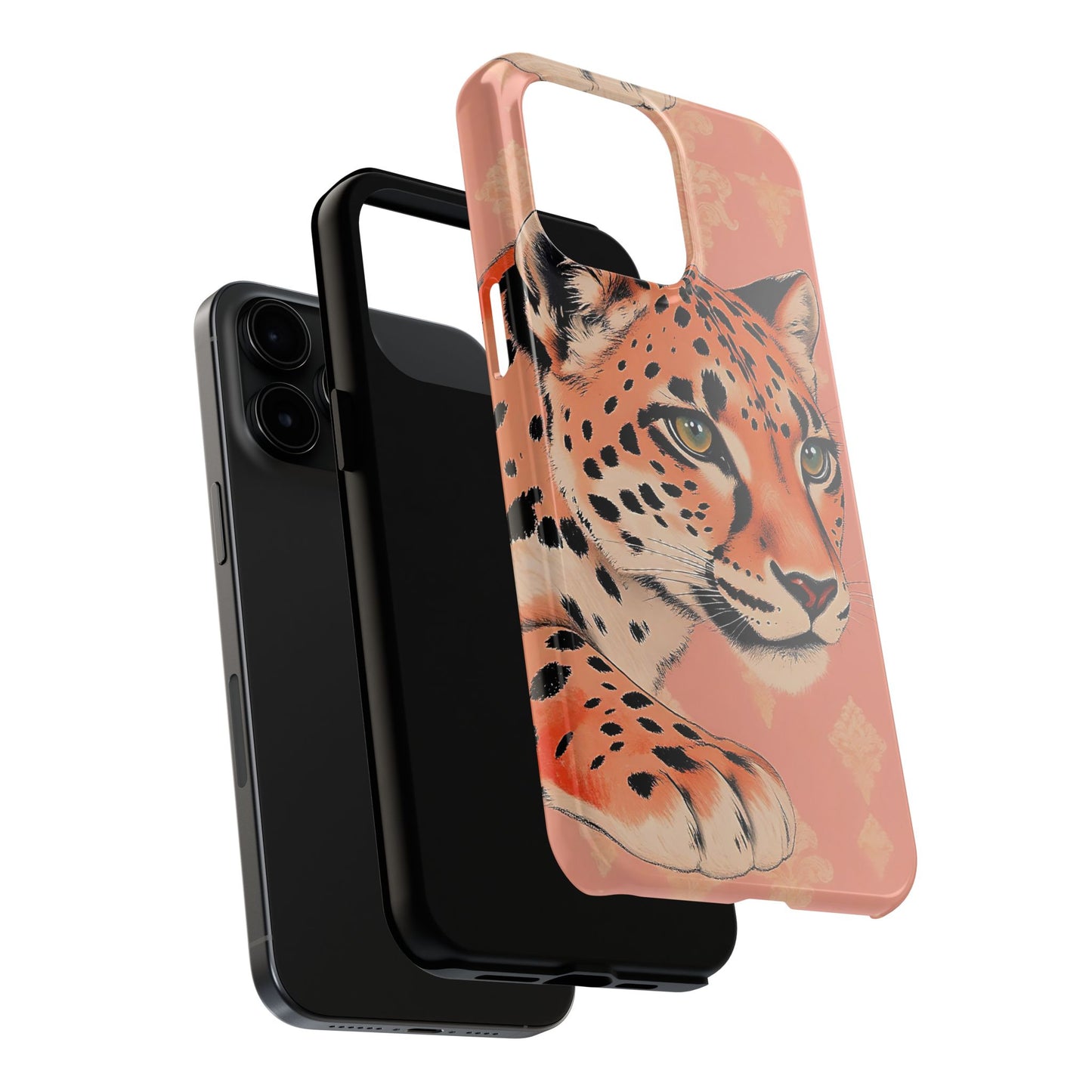 Leopard Tough Phone Case - Trendy Floral Motif Design for Animal Lovers - Peach Leopard & Damask