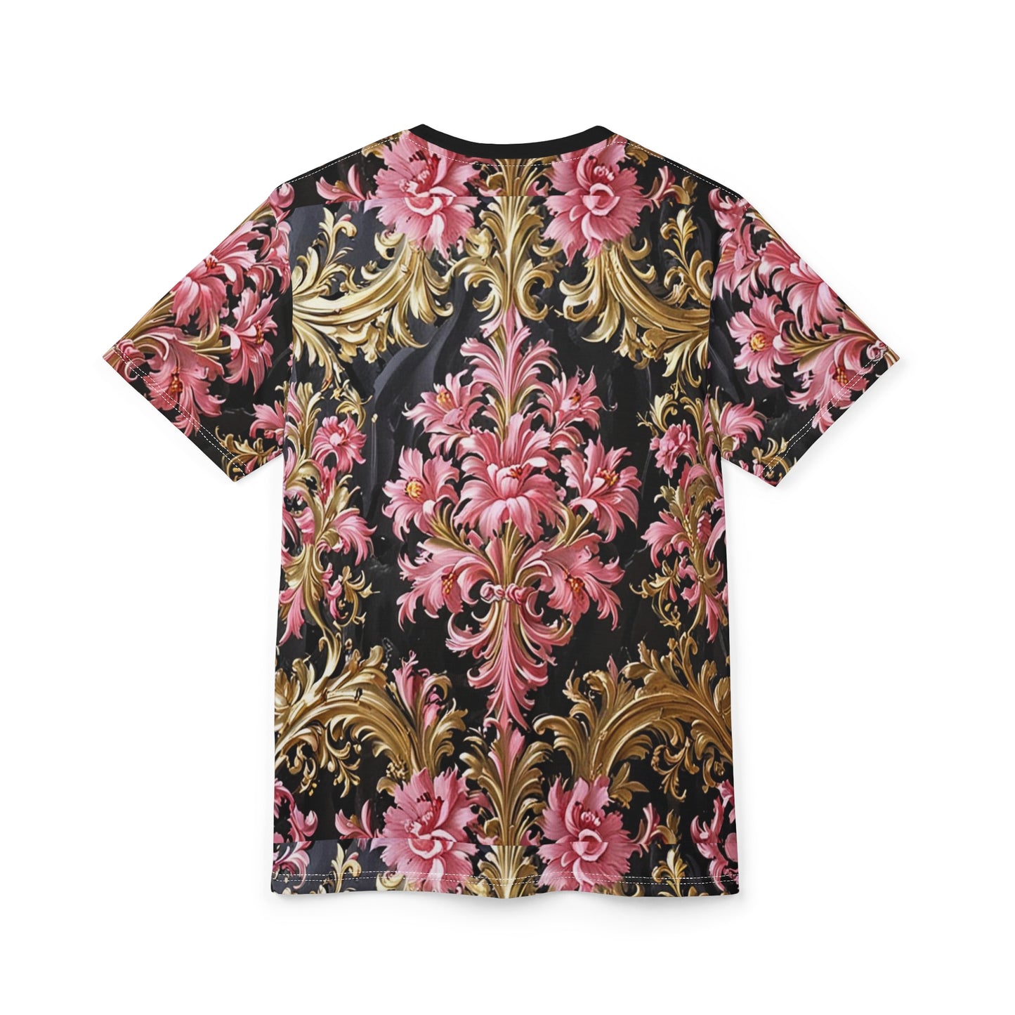 Elegant Floral Unisex Tee, Vintage Style Shirt, AOP Print, Everyday Wear, Unique Gift, Fashion Statement - Black & Pink Oil Painting Style Rococo