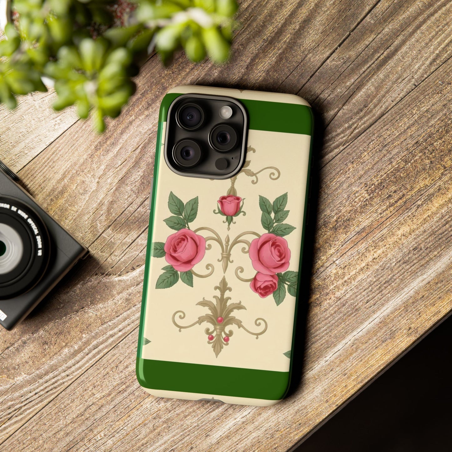 Elegant Floral Motif Phone Case - Tough Cases with Vintage Design - Green Border Roses & Damask