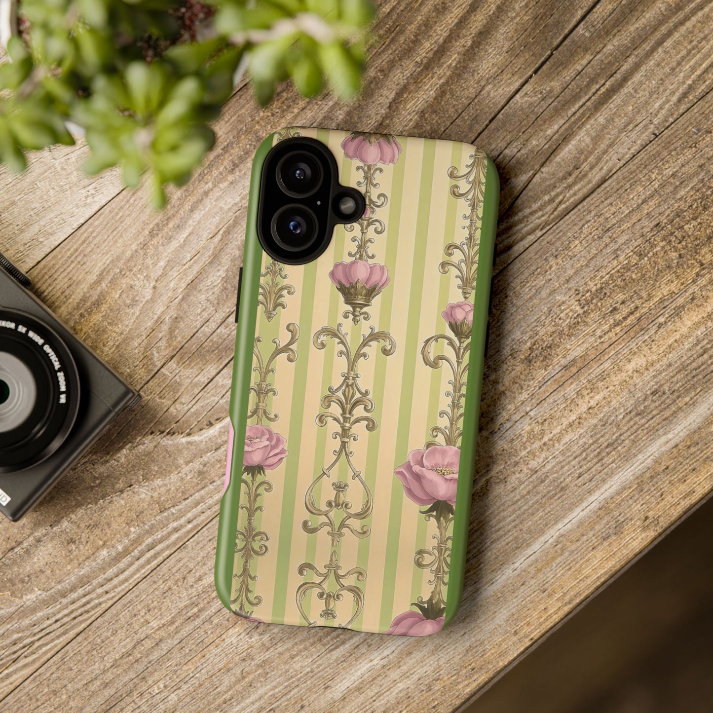Elegant Floral Motif Phone Case - Tough Cases with Vintage Design - Lime Green & Pink Striped Damask