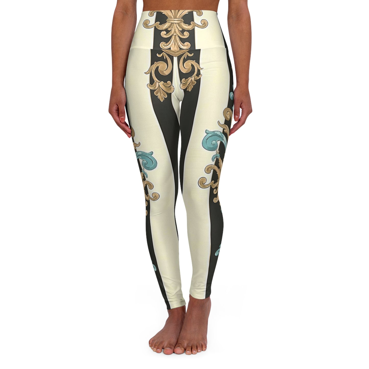 Chic High Waisted Yoga Leggings - Comfort Fit, AOP Design, Fitness Apparel, Trendy Activewear - Black Striped Turquoise & Black Rococo