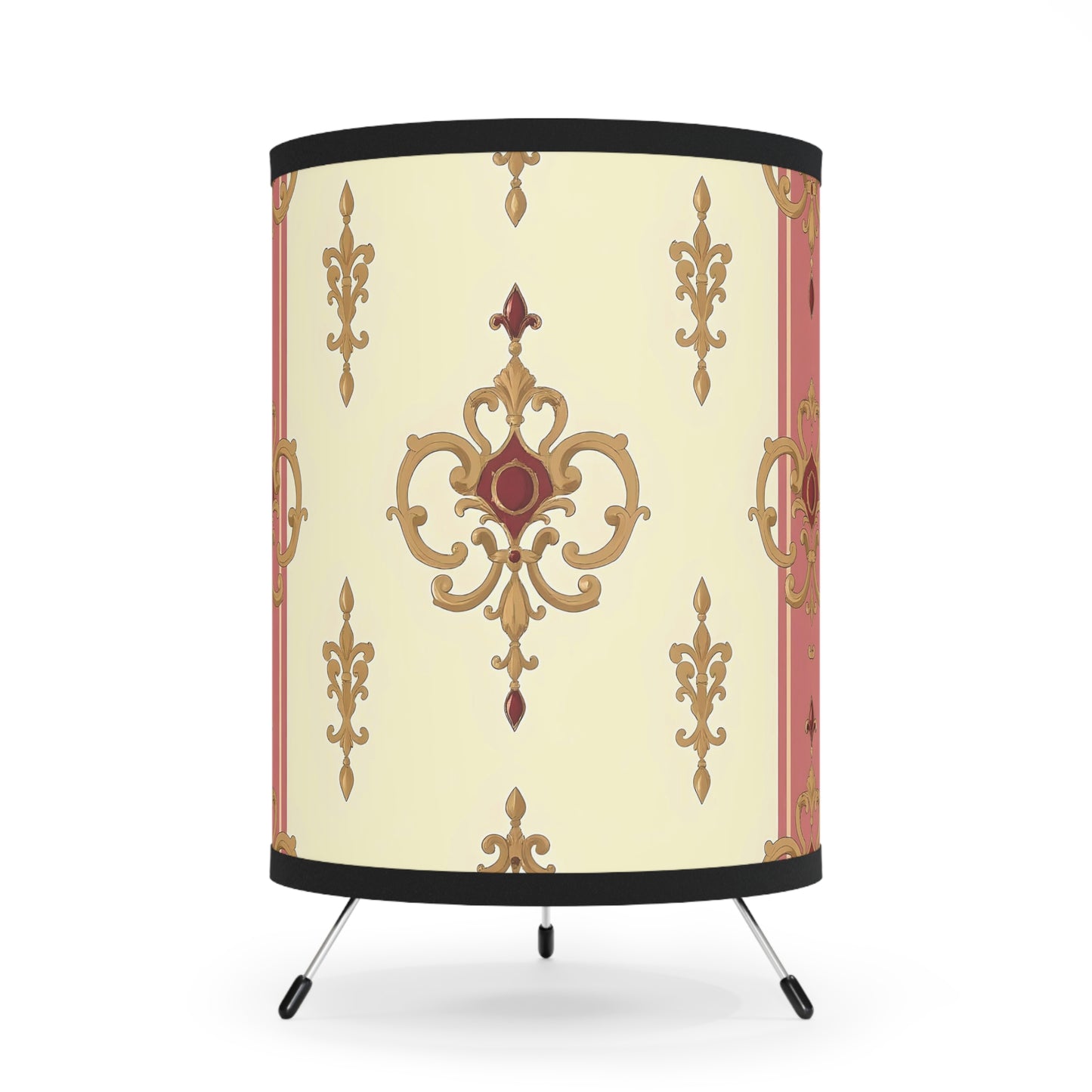 Elegant Tripod Lamp with Vintage Floral Print Shade - High-Res Home Accent - Mauve Striped Gold Damask