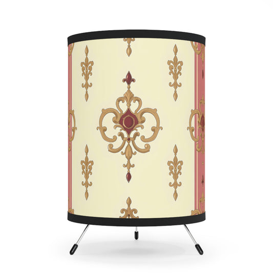 Elegant Tripod Lamp with Vintage Floral Print Shade - High-Res Home Accent - Mauve Striped Gold Damask